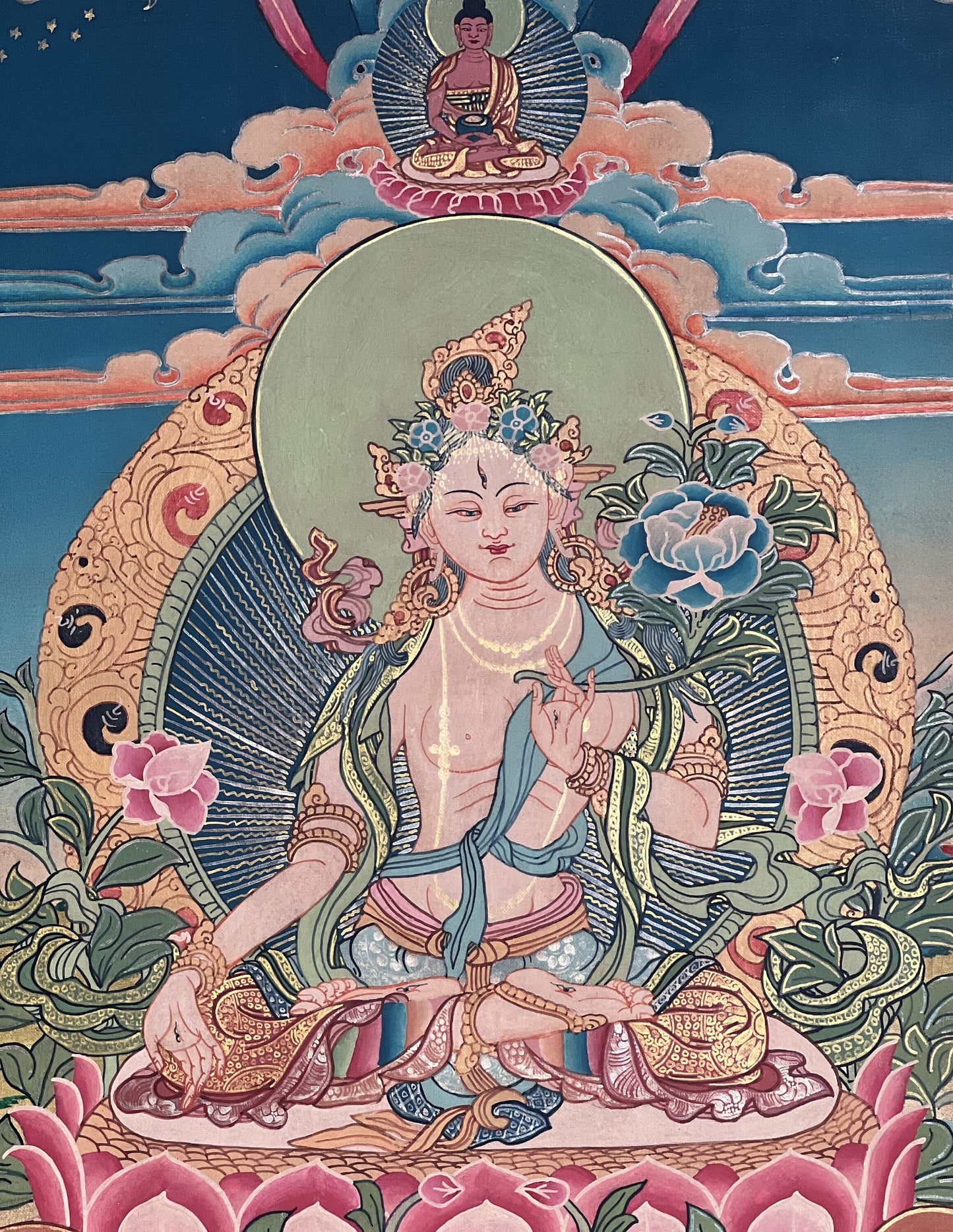 Original Hand-painted White Tara Mother Goddess Semi-Antique Gold Tibetan Thangka Painting/Compassion Meditation Art