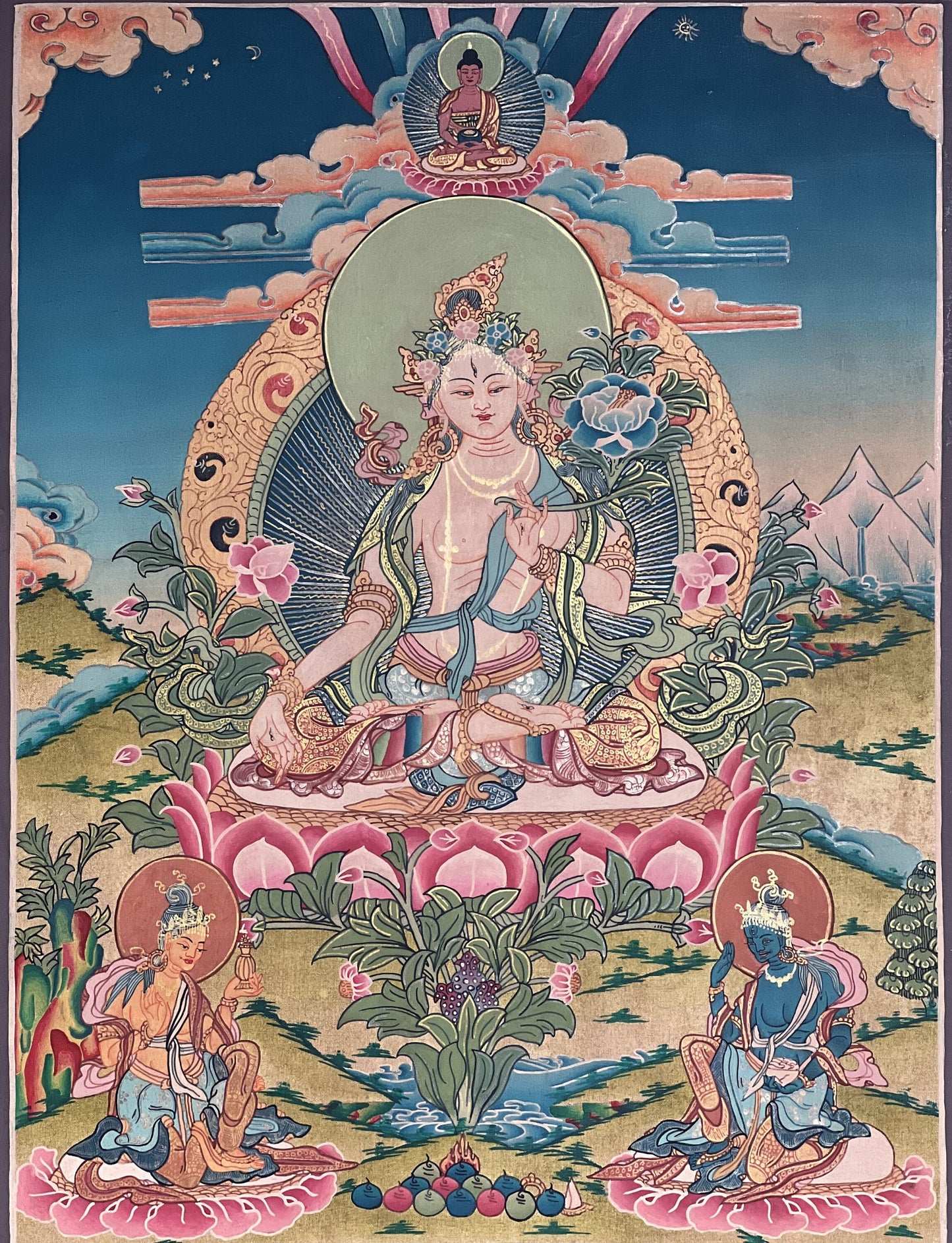 Original Hand-painted White Tara Mother Goddess Semi-Antique Gold Tibetan Thangka Painting/Compassion Meditation Art