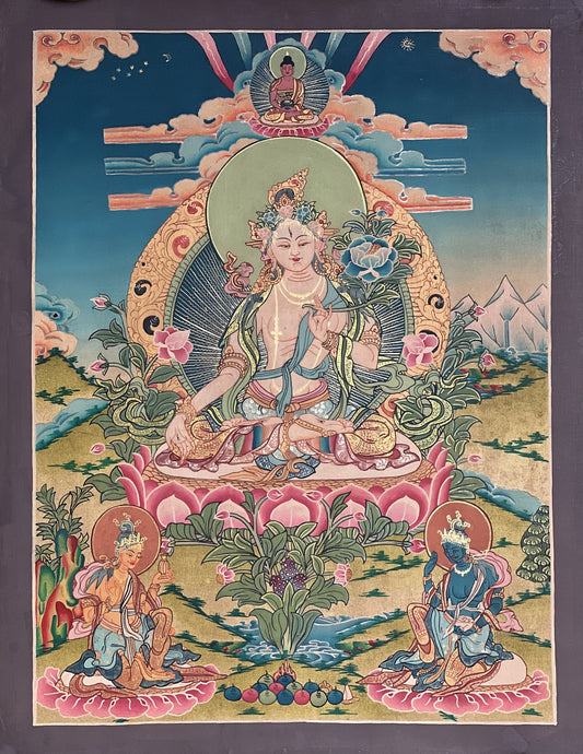 Original Hand-painted White Tara Mother Goddess Semi-Antique Gold Tibetan Thangka Painting/Compassion Meditation Art