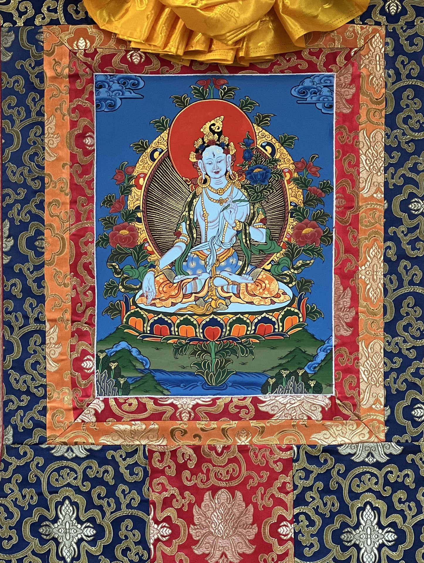 Hand-Painted White Tara Thangka Painting with Silk Brocade