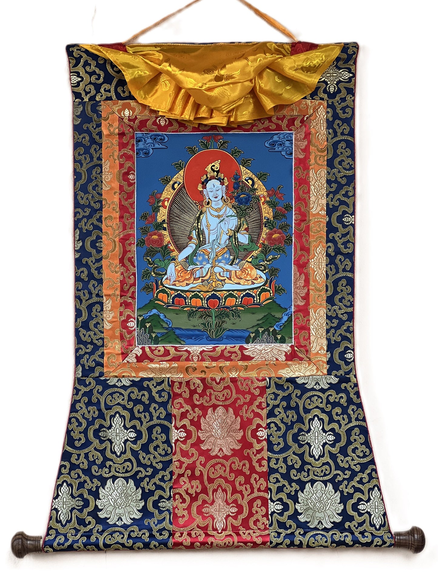 Hand-Painted White Tara Thangka Painting with Silk Brocade