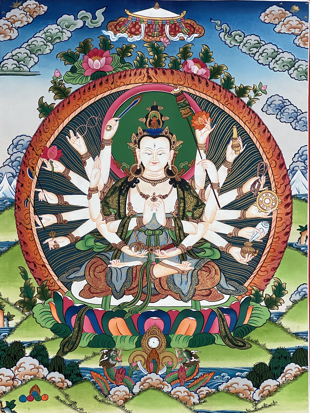 18-Armed Chandi Thangka Painting, Tibetan Mother Goddess Art