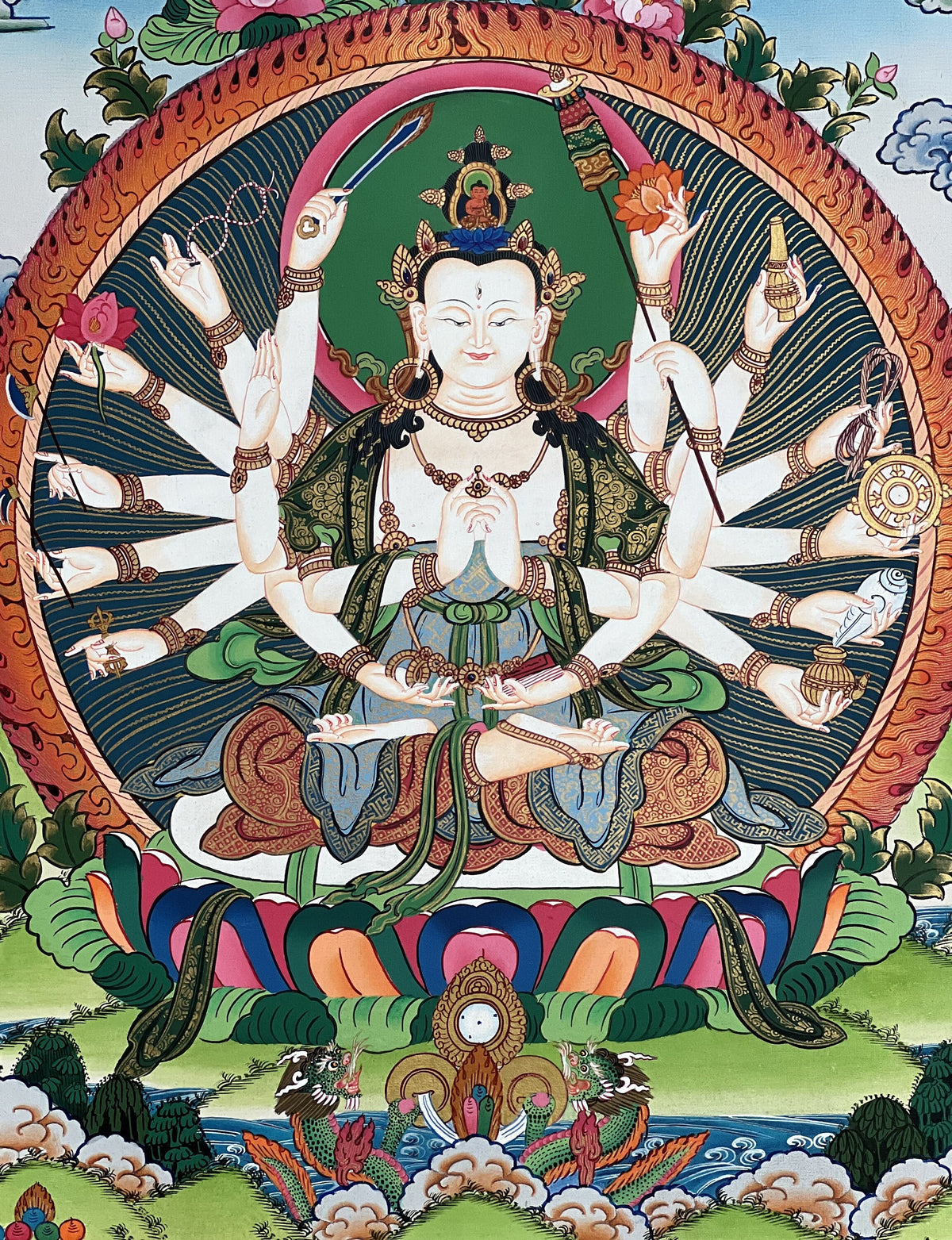 18-Armed Chandi Thangka Painting, Tibetan Mother Goddess Art