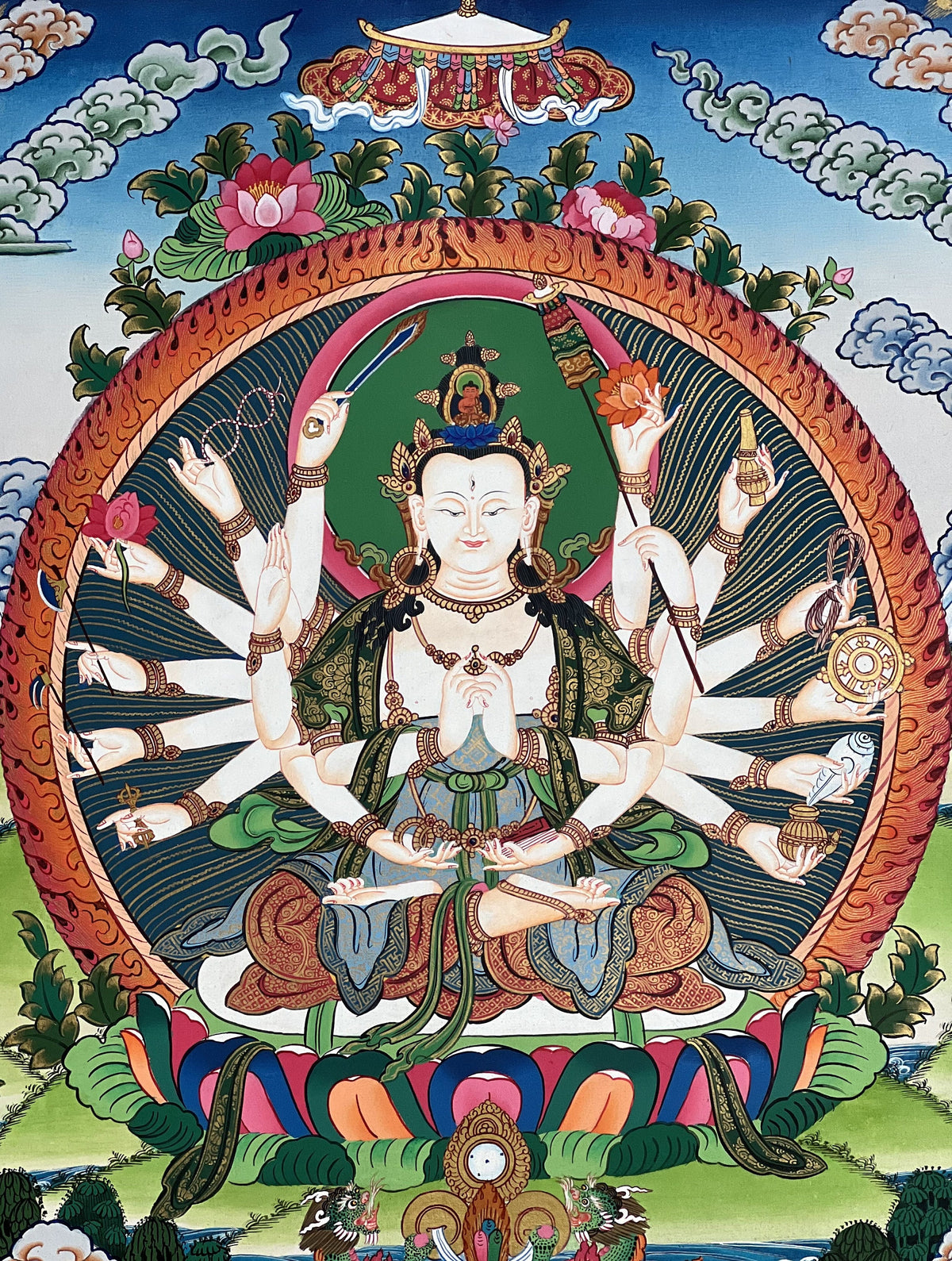 18-Armed Chandi Thangka Painting, Tibetan Mother Goddess Art