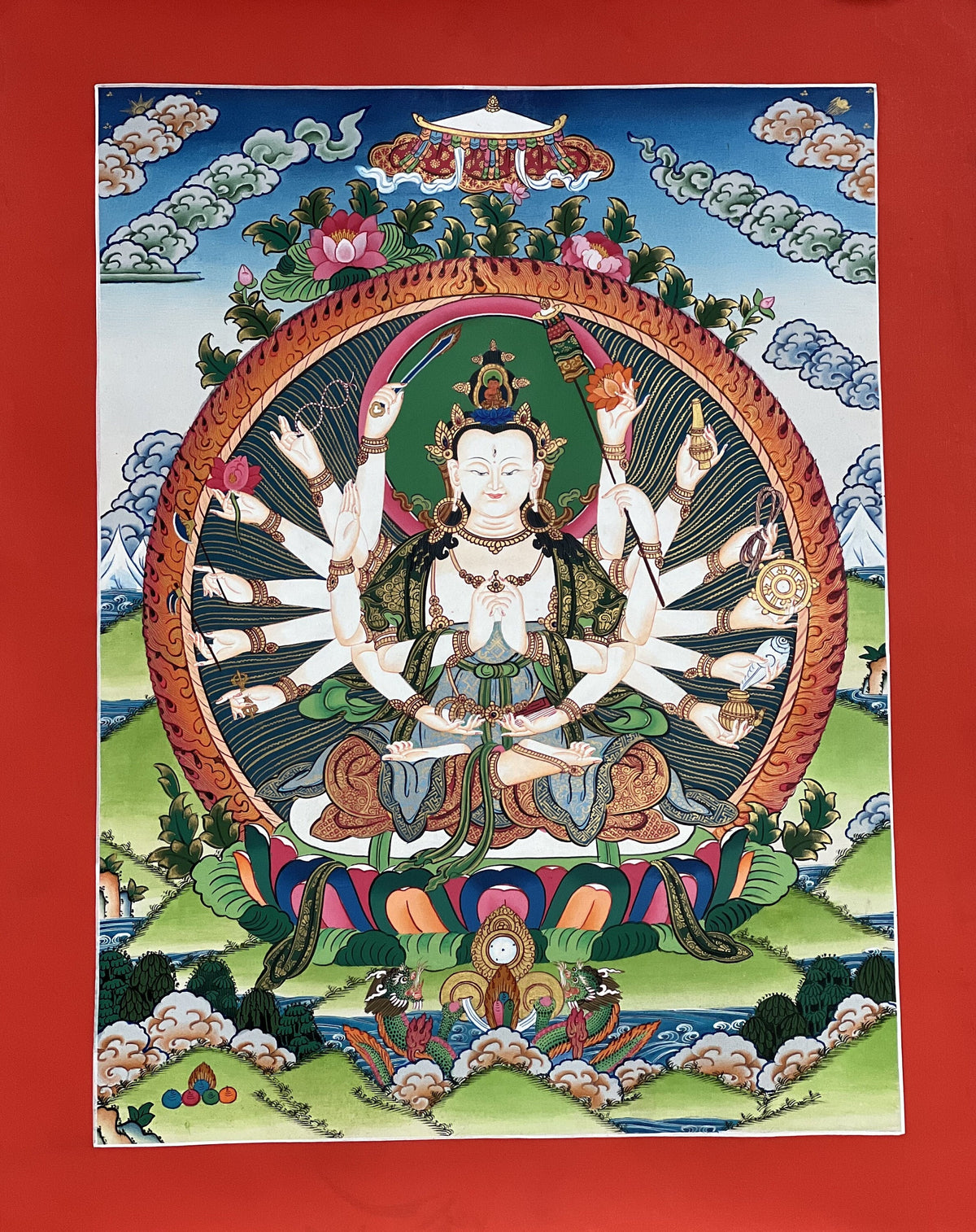 18-Armed Chandi Thangka Painting, Tibetan Mother Goddess Art