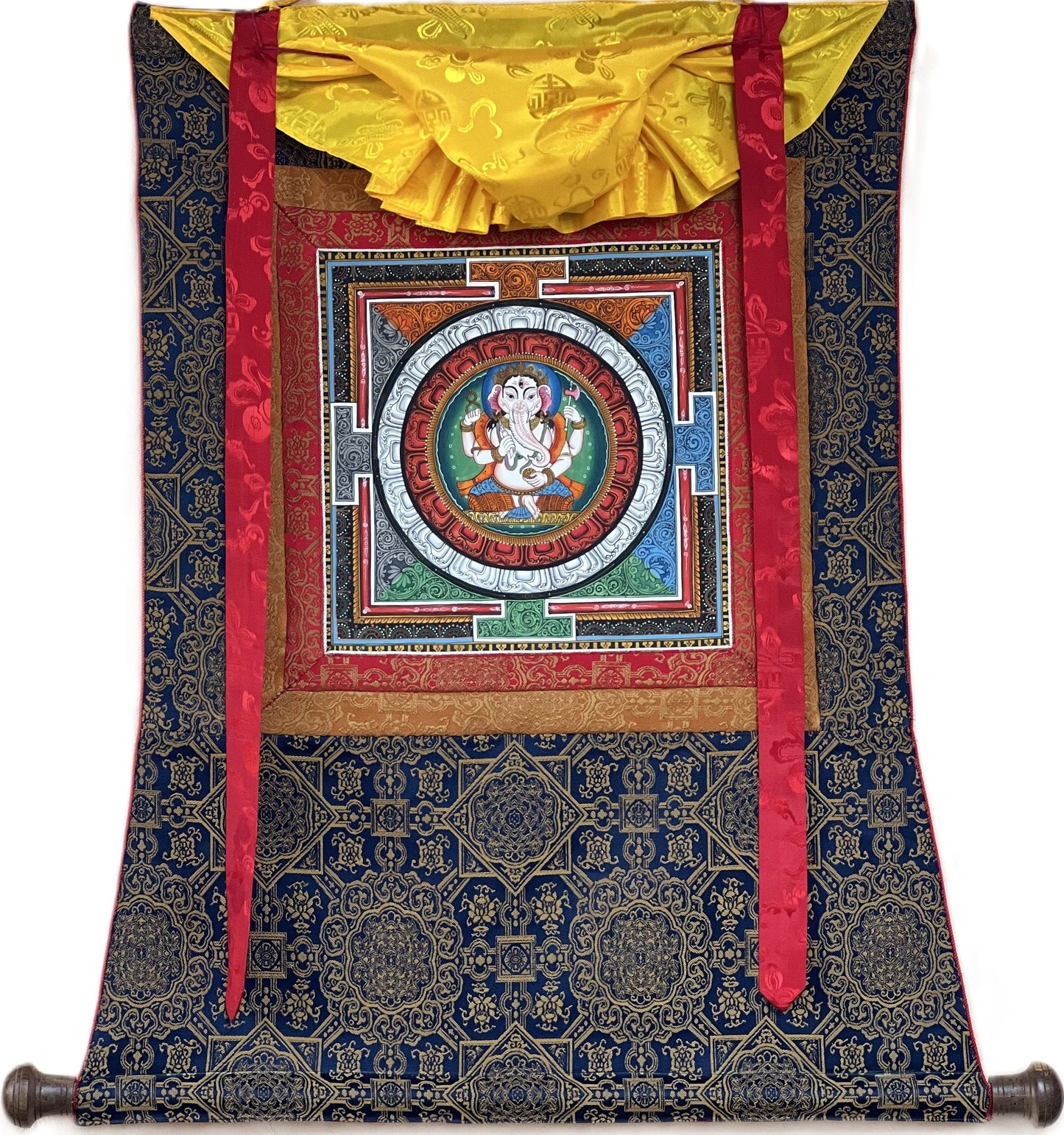 Hand-painted Lord Ganesha Thangka Painting on Silk Brocade