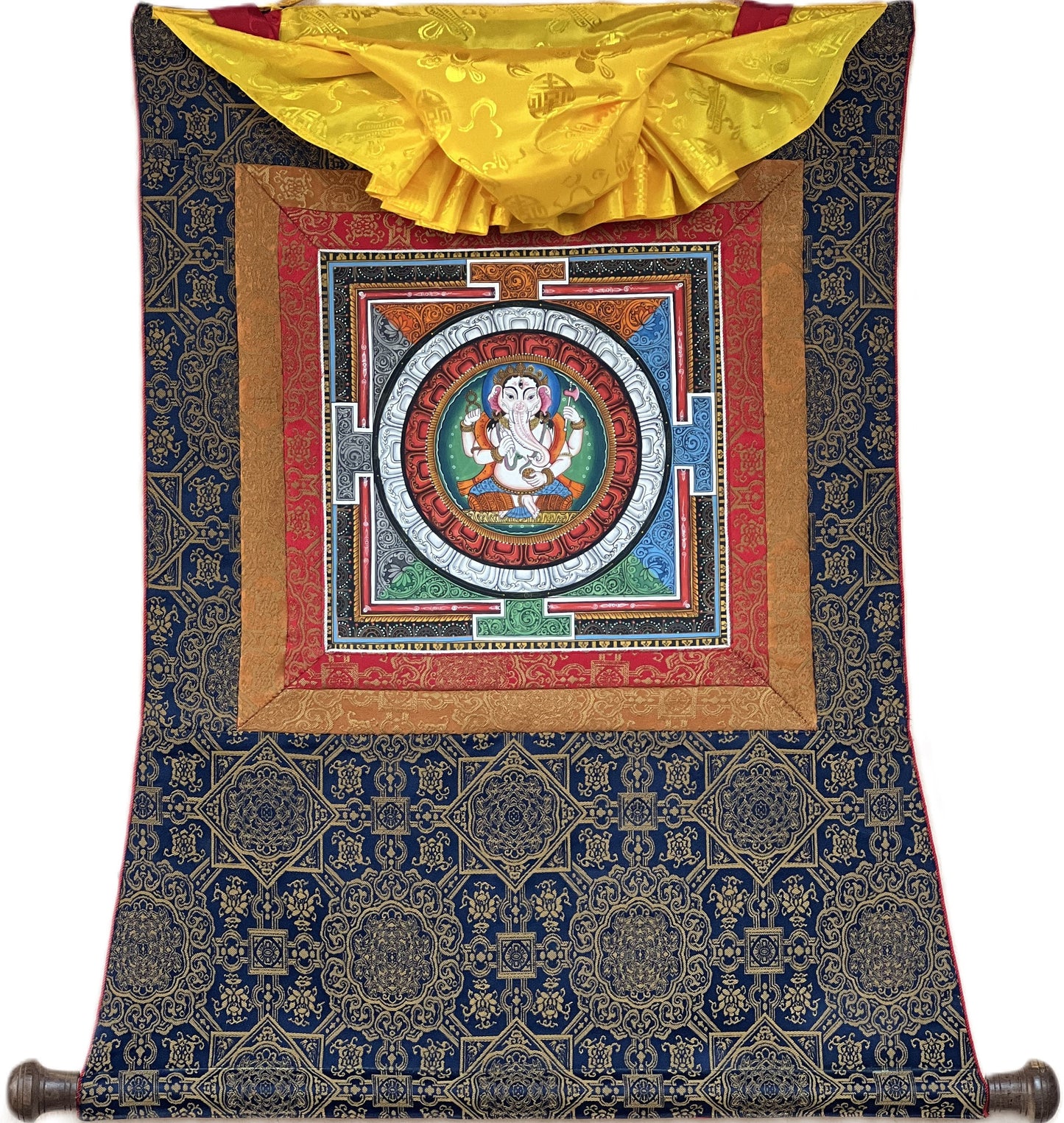 Hand-painted Lord Ganesha Thangka Painting on Silk Brocade