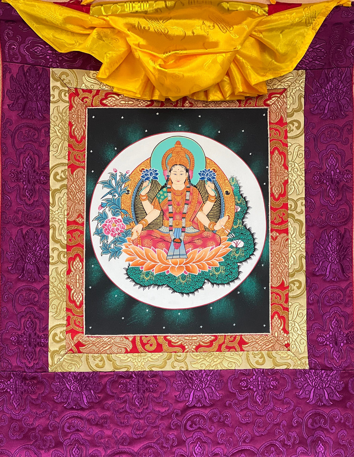 Goddess Laxmi Thangka Painting, Hindu Art with Silk Frame