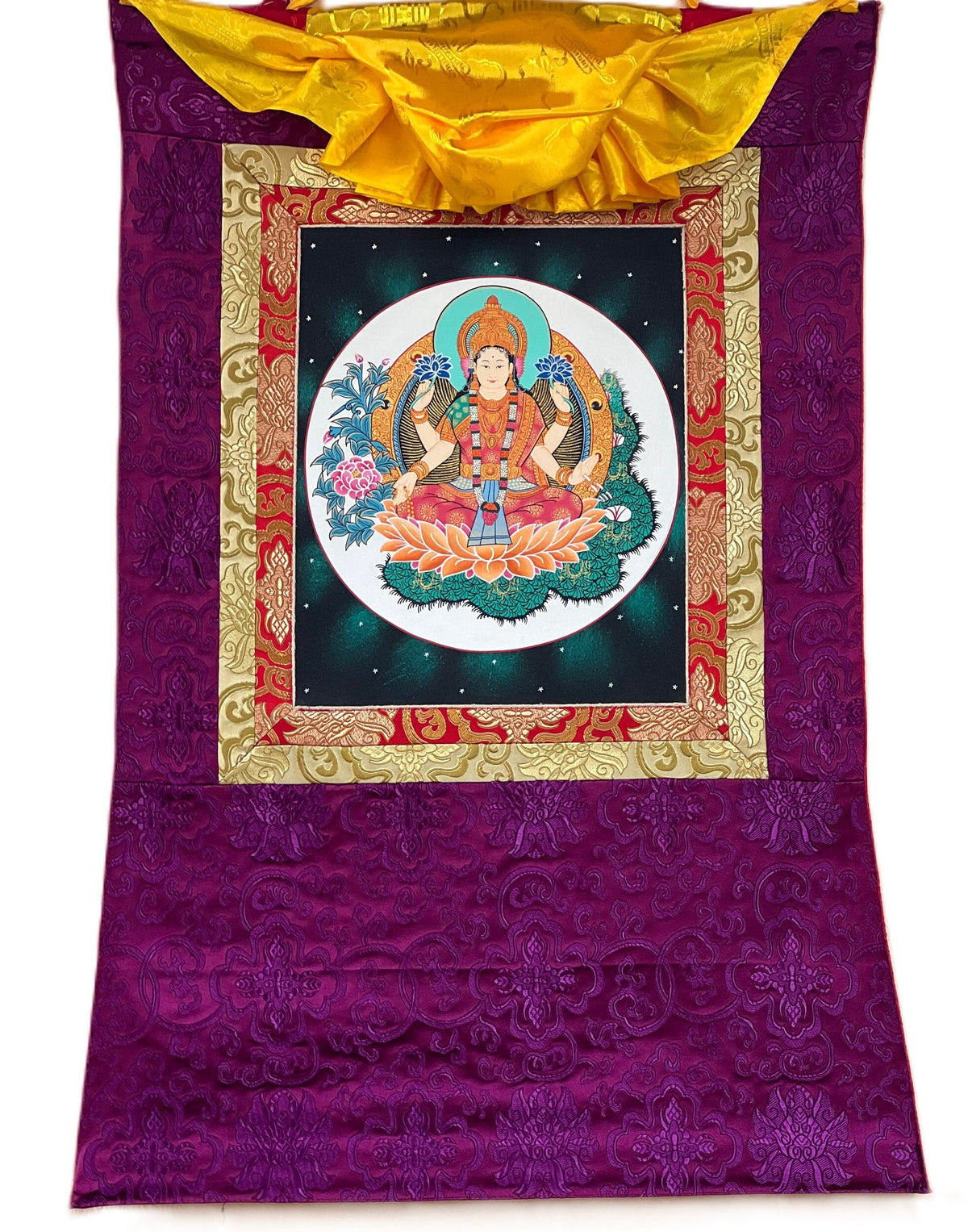 Goddess Laxmi Thangka Painting, Hindu Art with Silk Frame