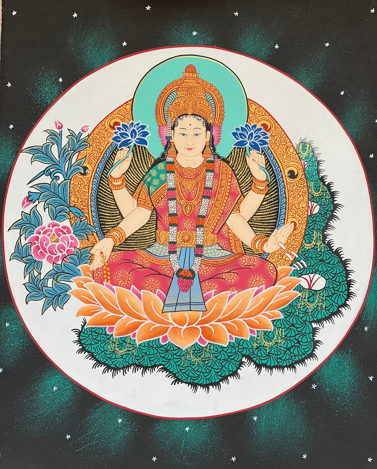 Goddess Laxmi Thangka Painting, Hindu Art with Silk Frame