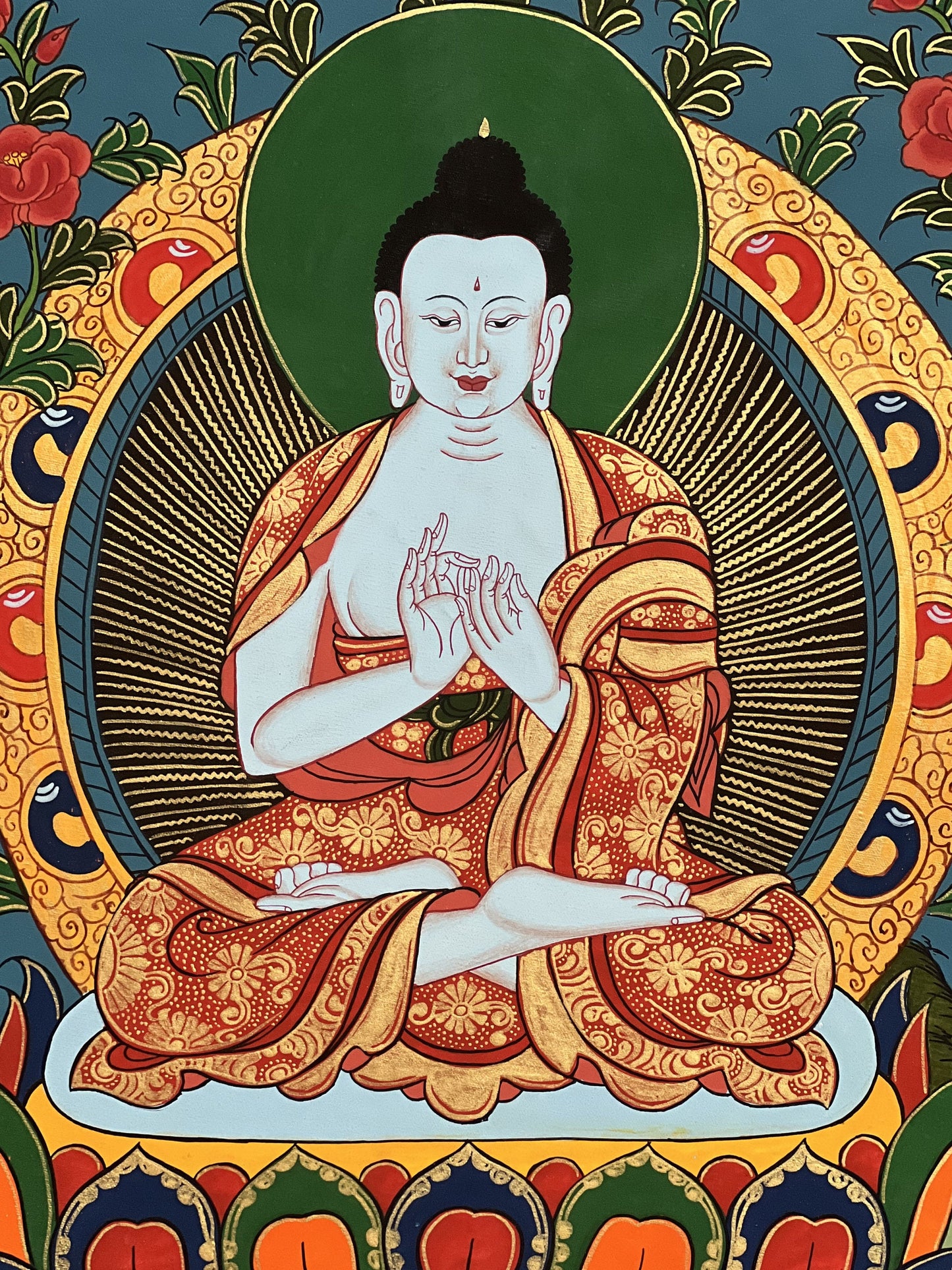 Hand-Painted Mahavairochana Buddha Thangka Painting with Silk Brocade
