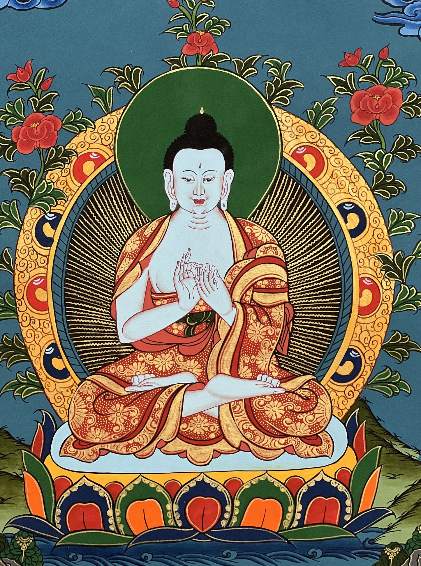 Hand-Painted Vairocana Buddha Thangka | Tibetan Buddhist Art with Silk Brocade