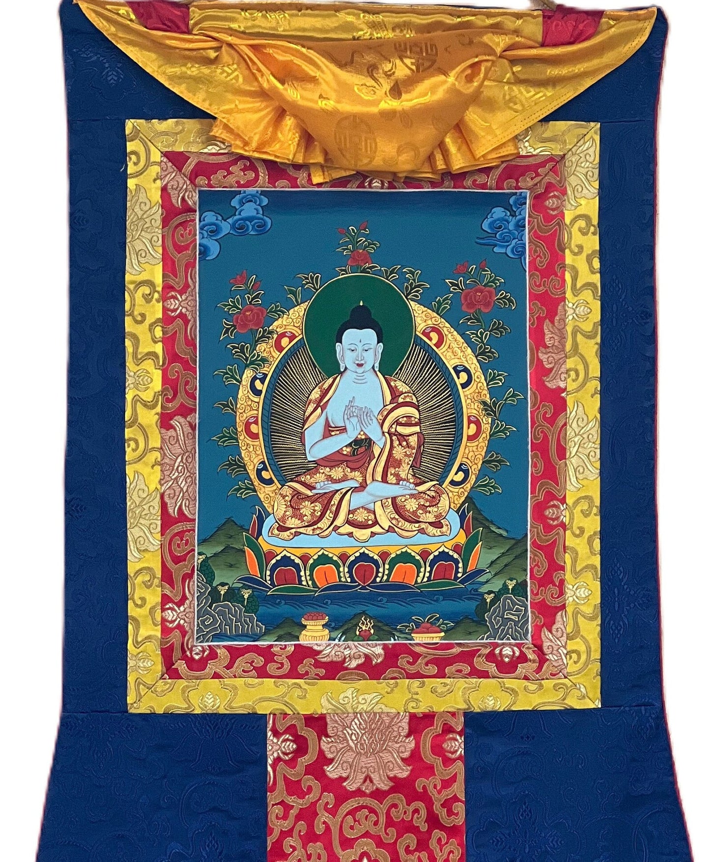 Hand-Painted Mahavairochana Buddha Thangka Painting with Silk Brocade