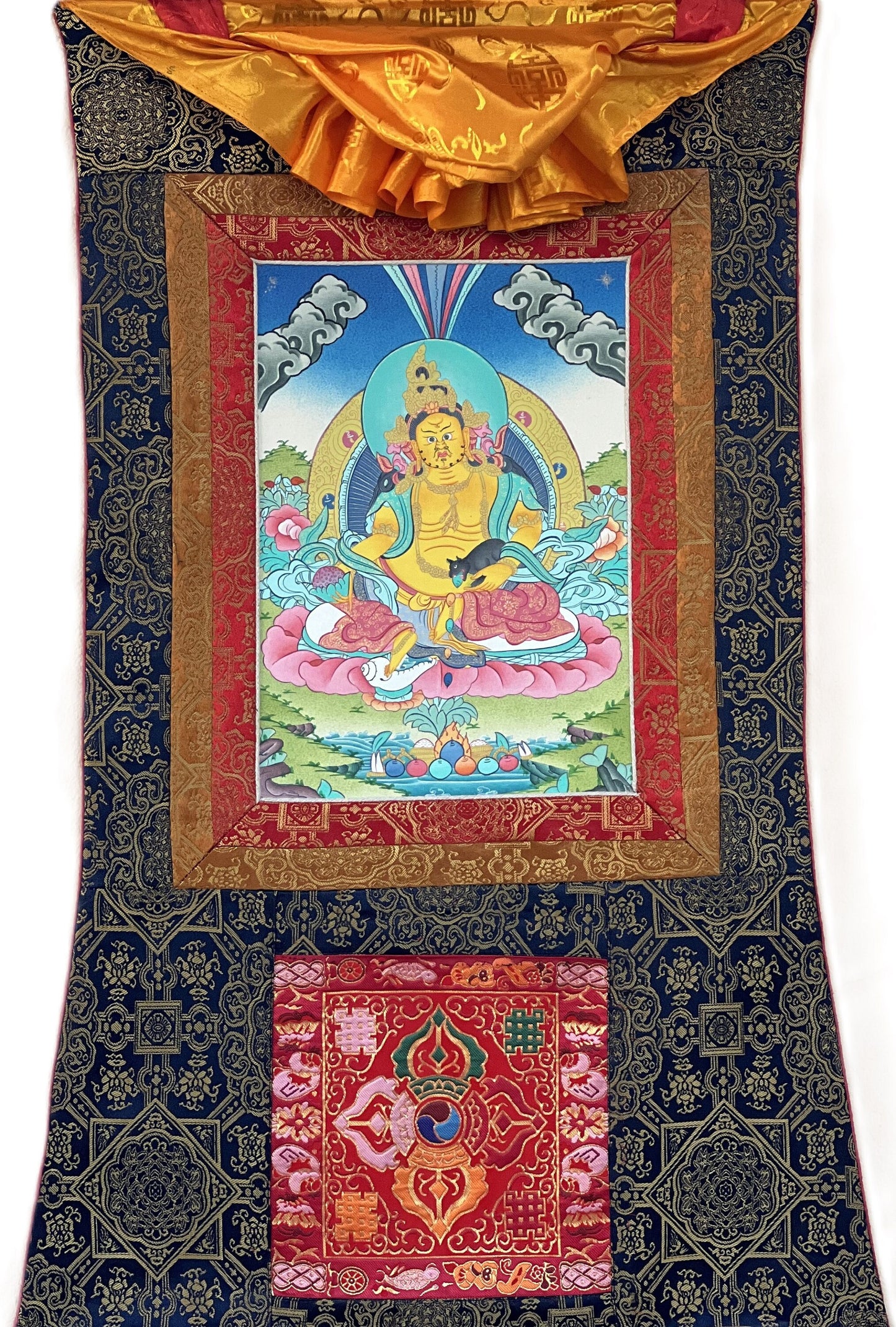 Hand-Painted Jambhala Thangka: Tibetan God of Wealth with Silk Brocade