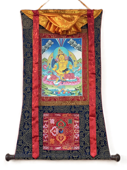 Hand-Painted Jambhala Thangka: Tibetan God of Wealth with Silk Brocade