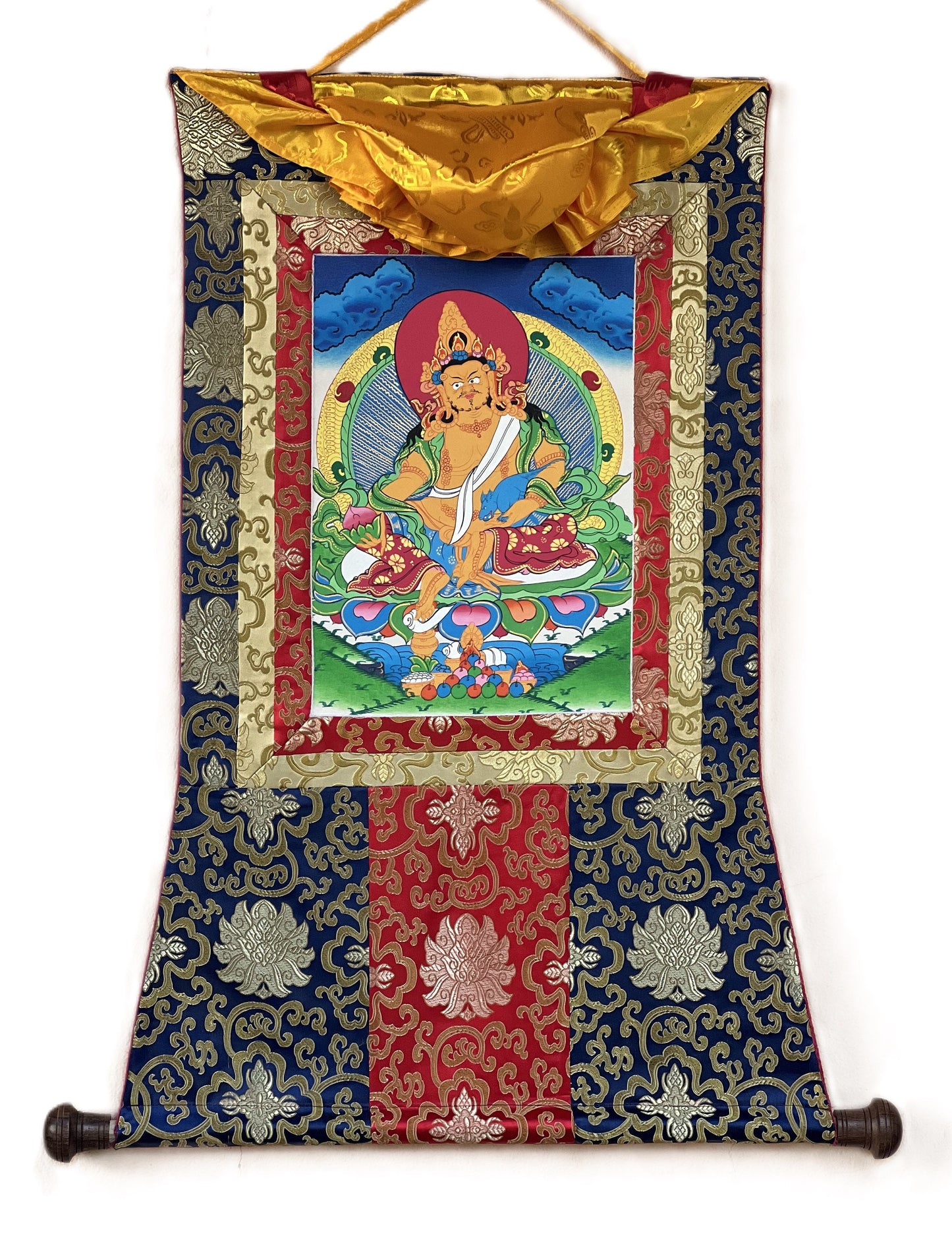Hand Painted Jambhala Thangka Painting with Silk Brocade