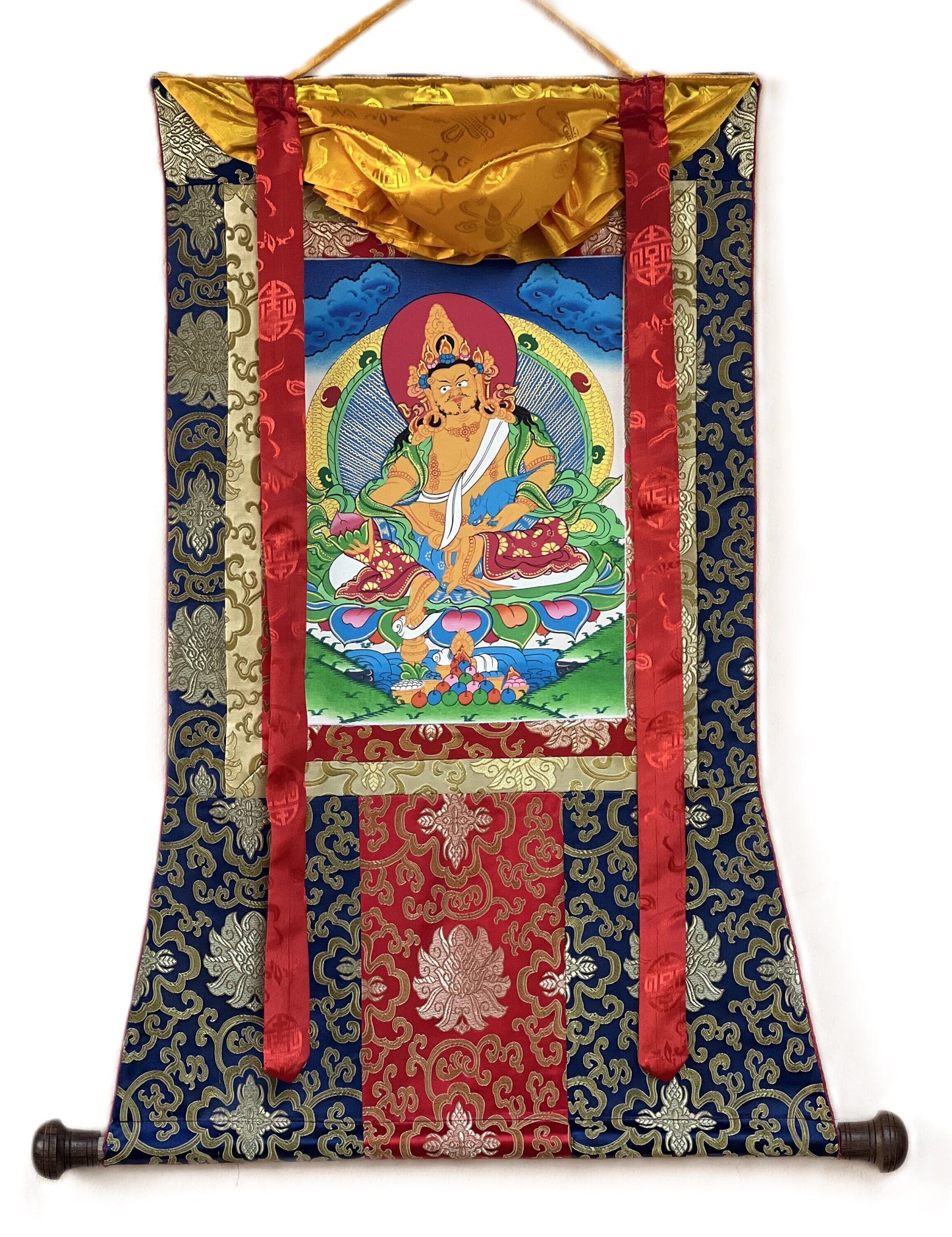 Hand Painted Jambhala Thangka Painting with Silk Brocade