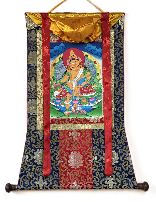 Hand Painted Jambhala Thangka Painting with Silk Brocade