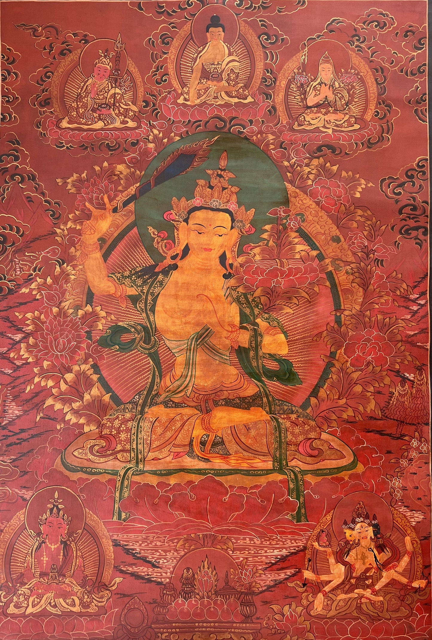 Hand-painted Large Manjushri Thangka Painting, Oil Varnished Tibetan God of Wisdom Art