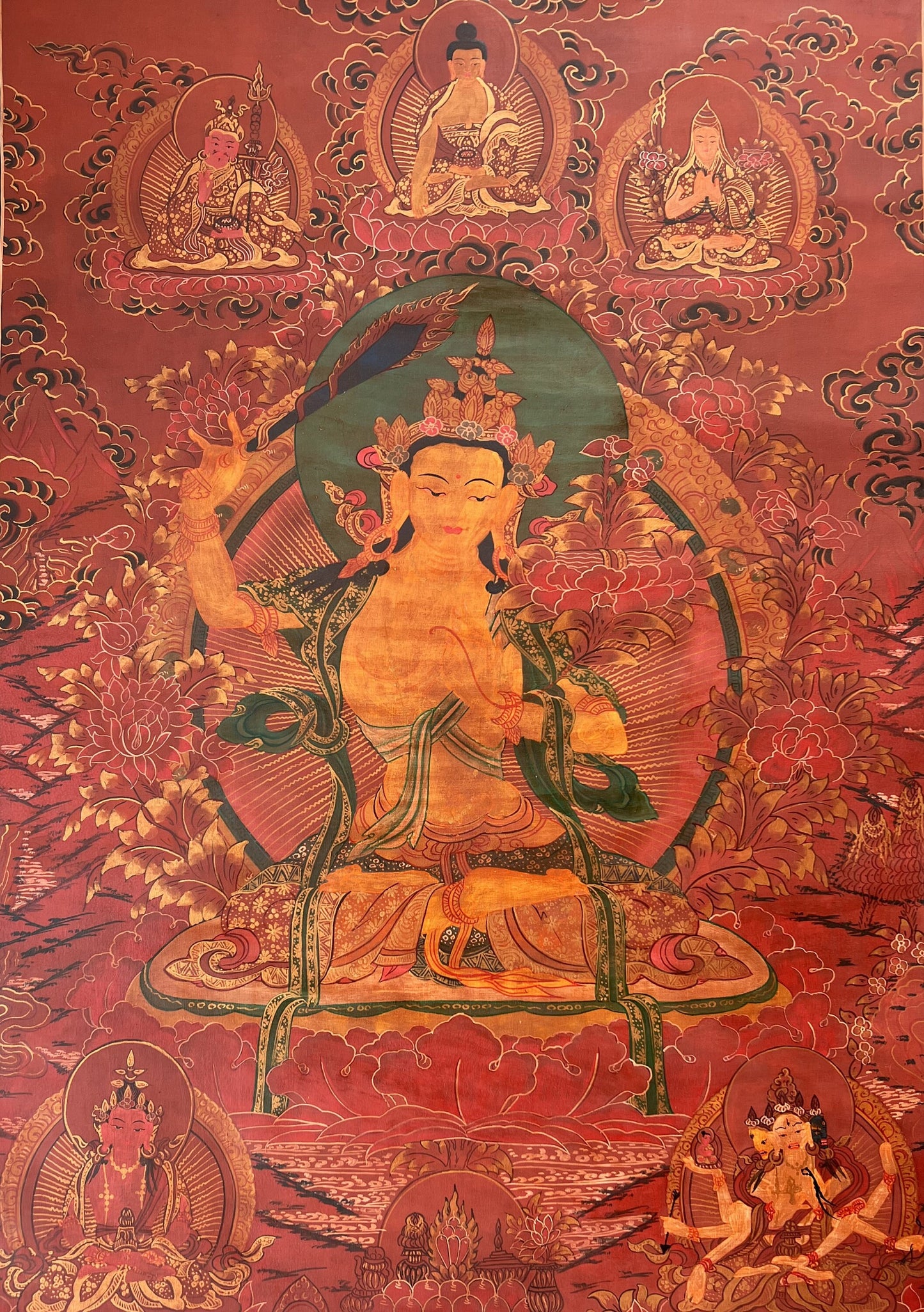 Hand-painted Large Manjushri Thangka Painting, Oil Varnished Tibetan God of Wisdom Art