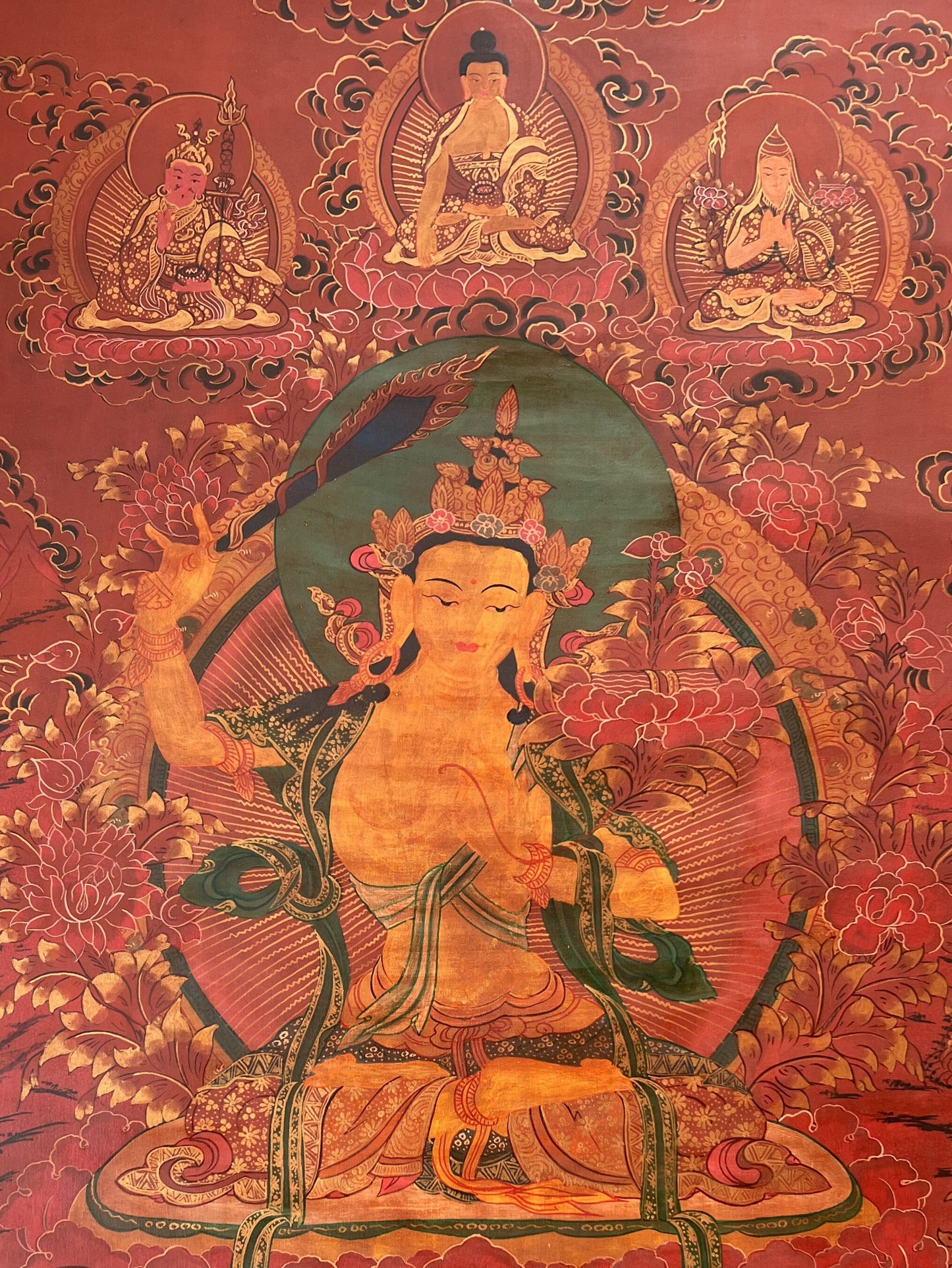 Hand-painted Large Manjushri Thangka Painting, Oil Varnished Tibetan God of Wisdom Art