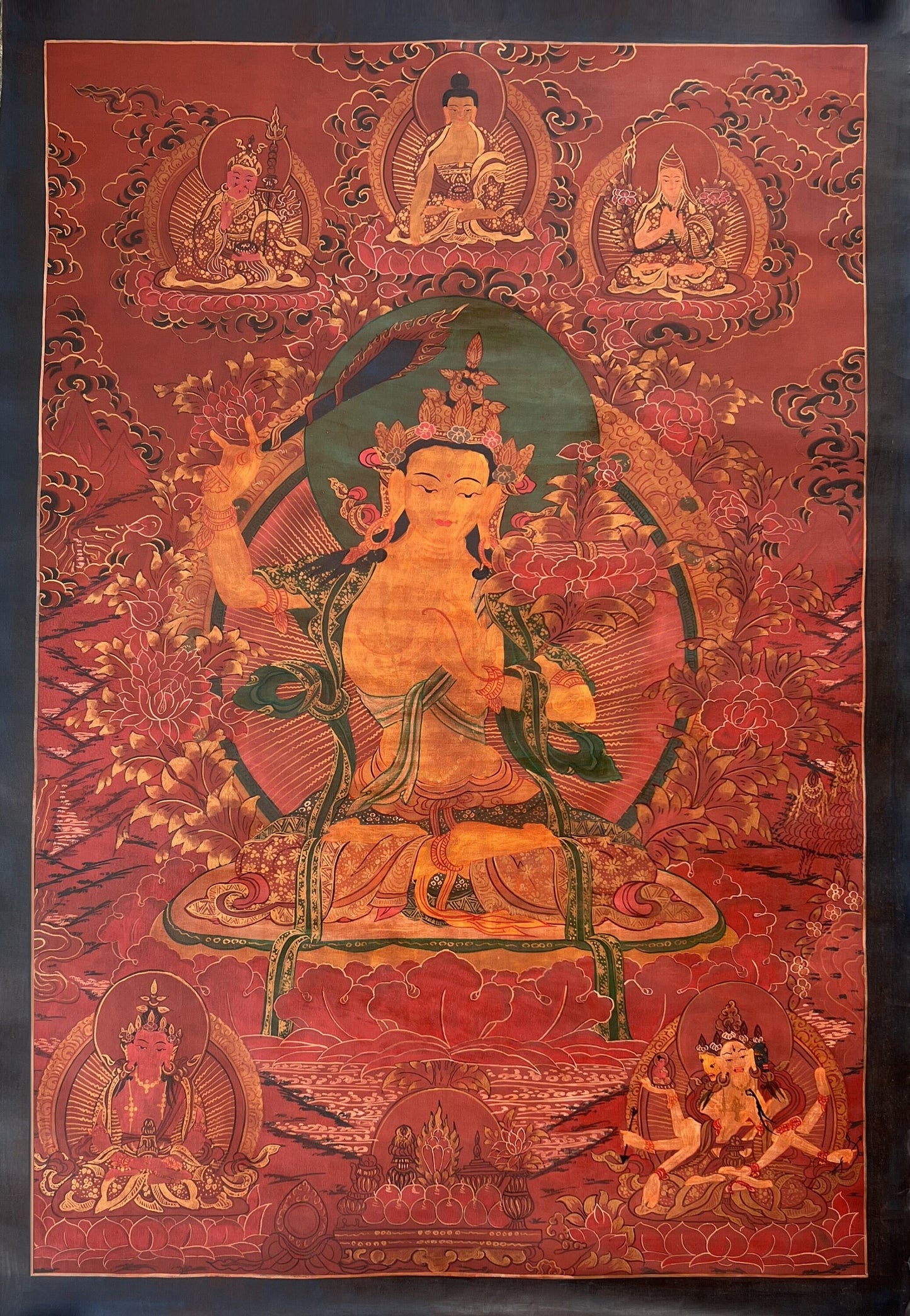 Hand-painted Large Manjushri Thangka Painting, Oil Varnished Tibetan God of Wisdom Art