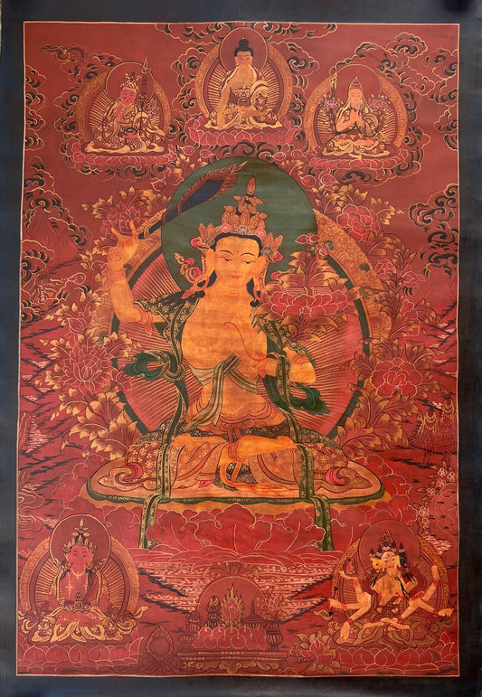 Hand-painted Large Manjushri Thangka Painting, Oil Varnished Tibetan God of Wisdom Art