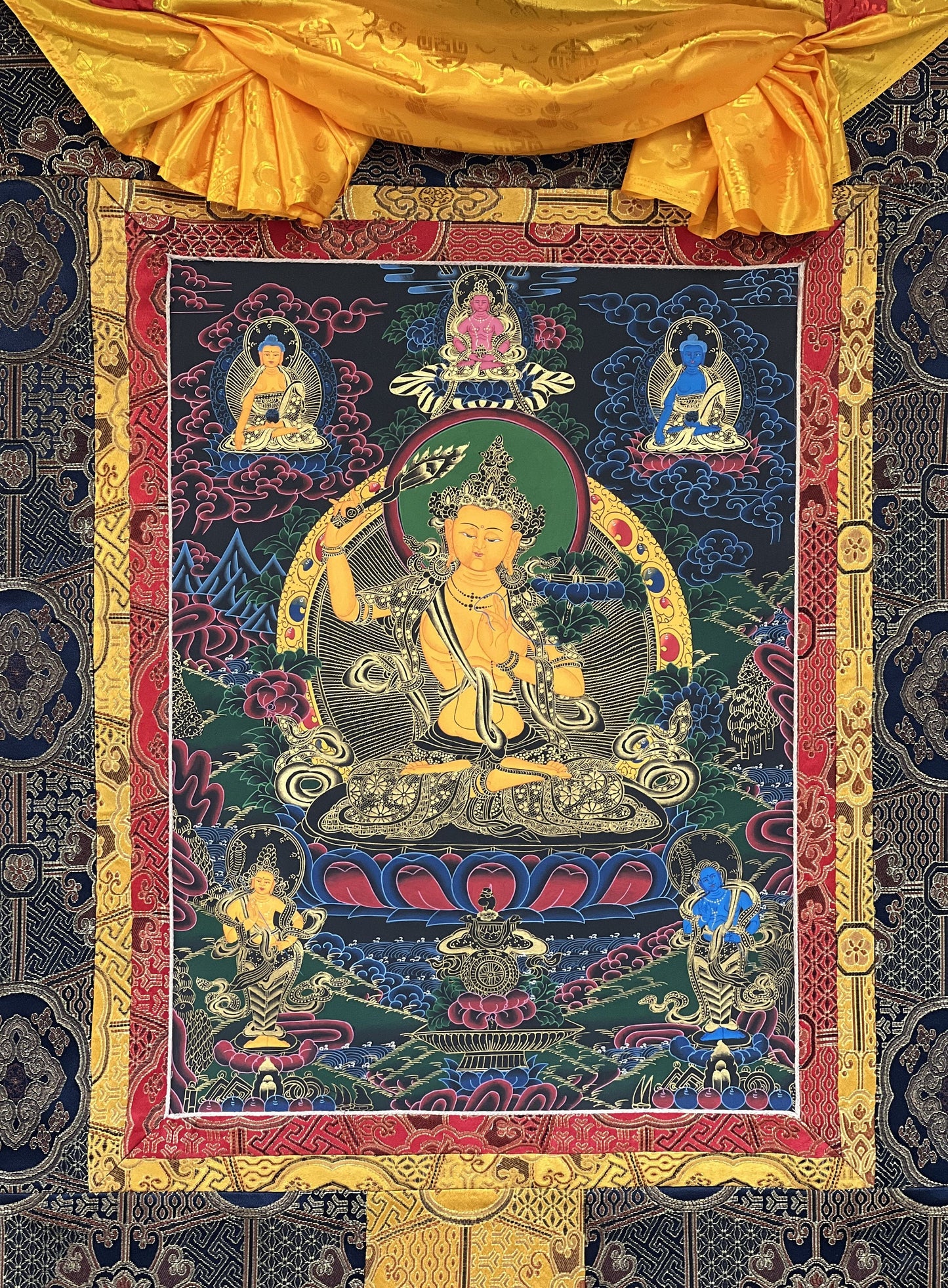 Hand-Painted Manjushri Thangka: Tibetan God of Wisdom, Silk Brocade