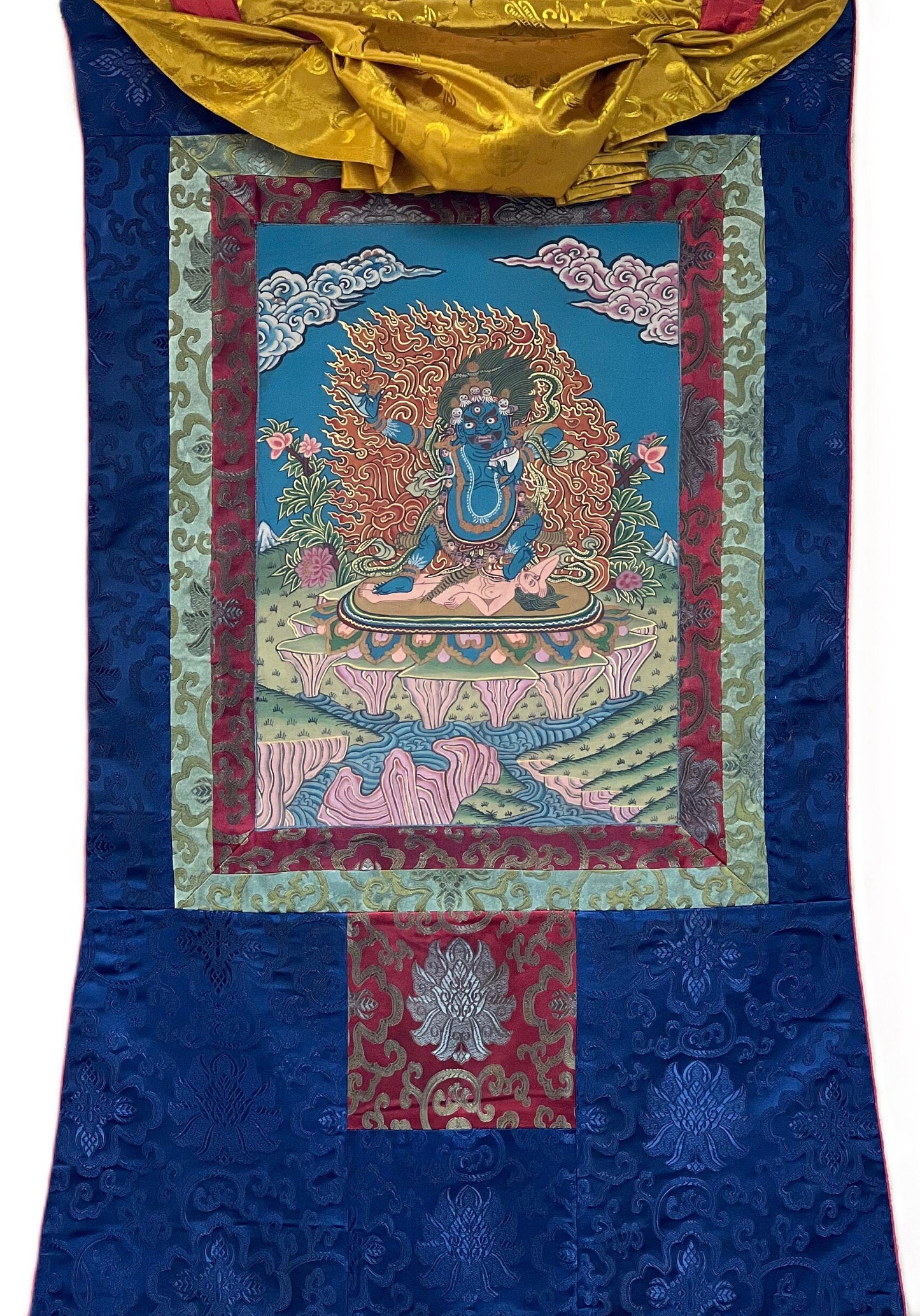 Original Hand-Painted Semi-Antique Vajrapani Thangka | Tibetan Dharmapala | Silk Brocade Frame | Rare Buddhist Art