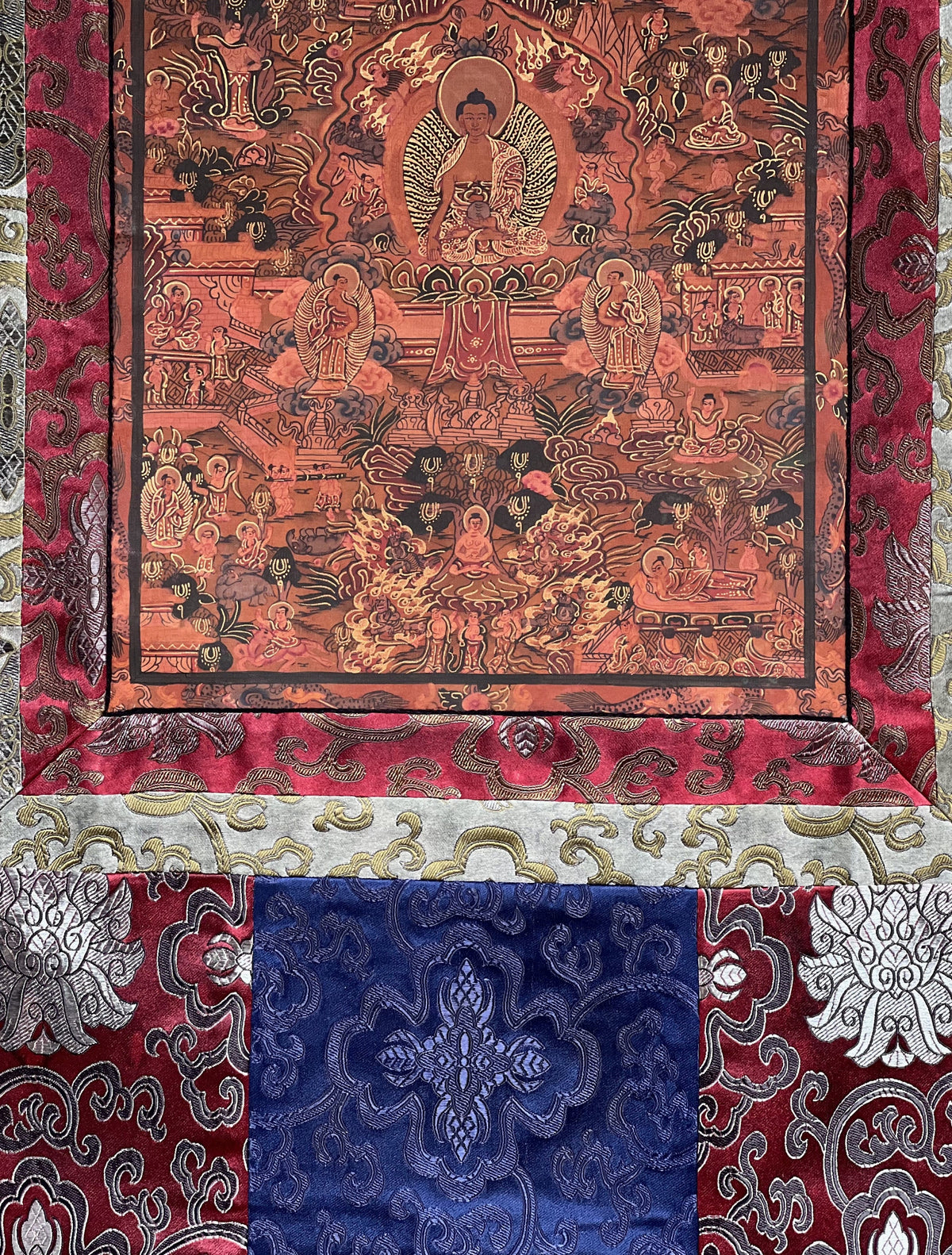 Buddha Life Mandala Thangka Painting with Silk Brocade