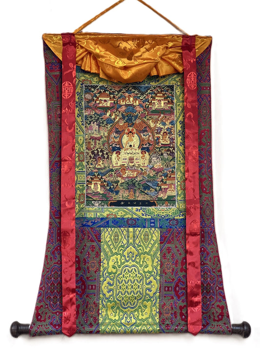 Hand Painted Wheel of Life Thangka Painting with Silk Border