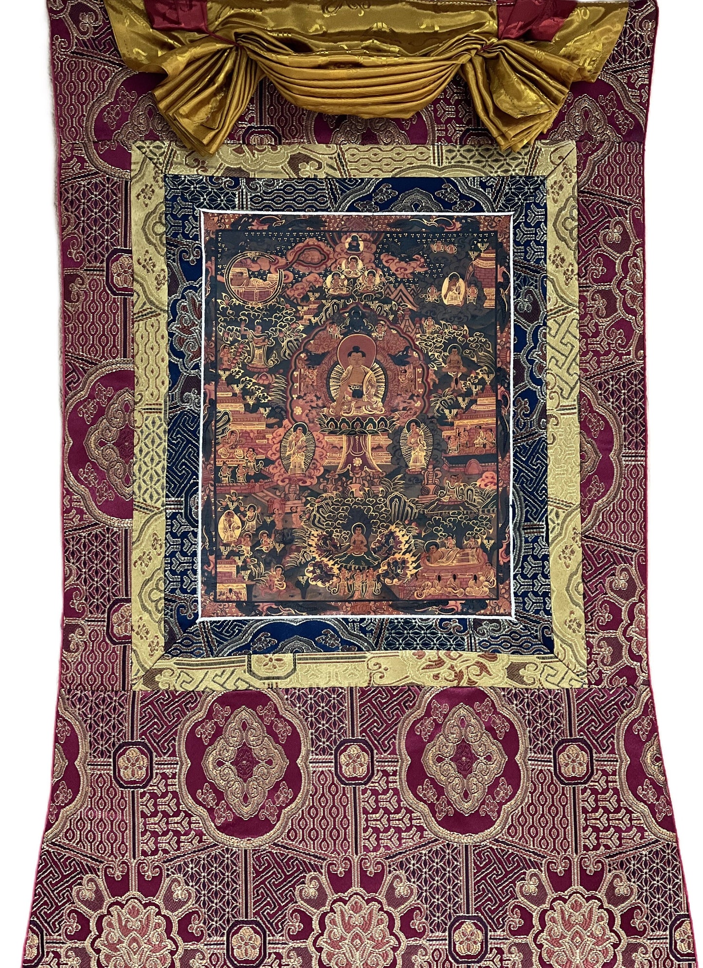 Hand Painted Buddha Life Mandala Oil Varnished Thangka, Silk Brocade