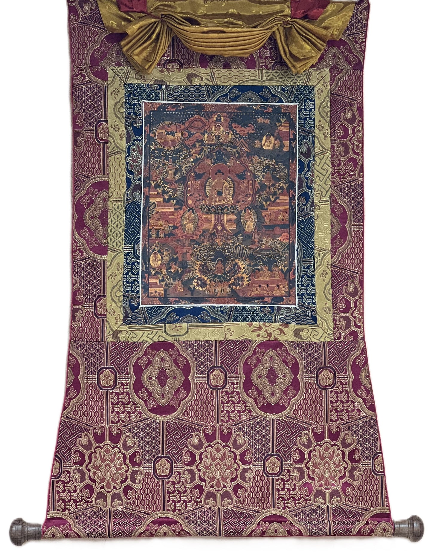 Hand Painted Buddha Life Mandala Oil Varnished Thangka, Silk Brocade