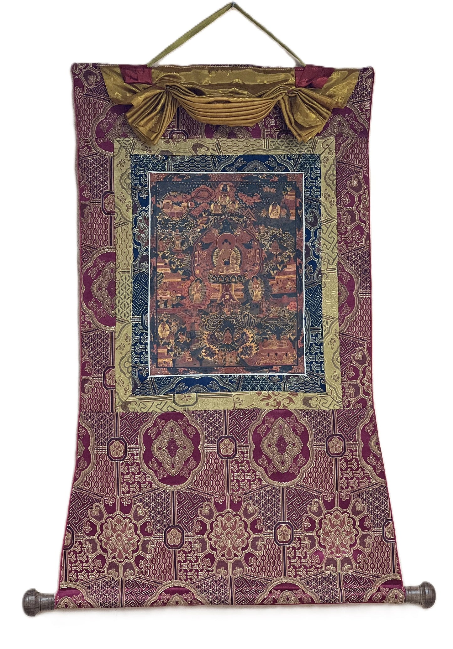 Hand Painted Buddha Life Mandala Oil Varnished Thangka, Silk Brocade