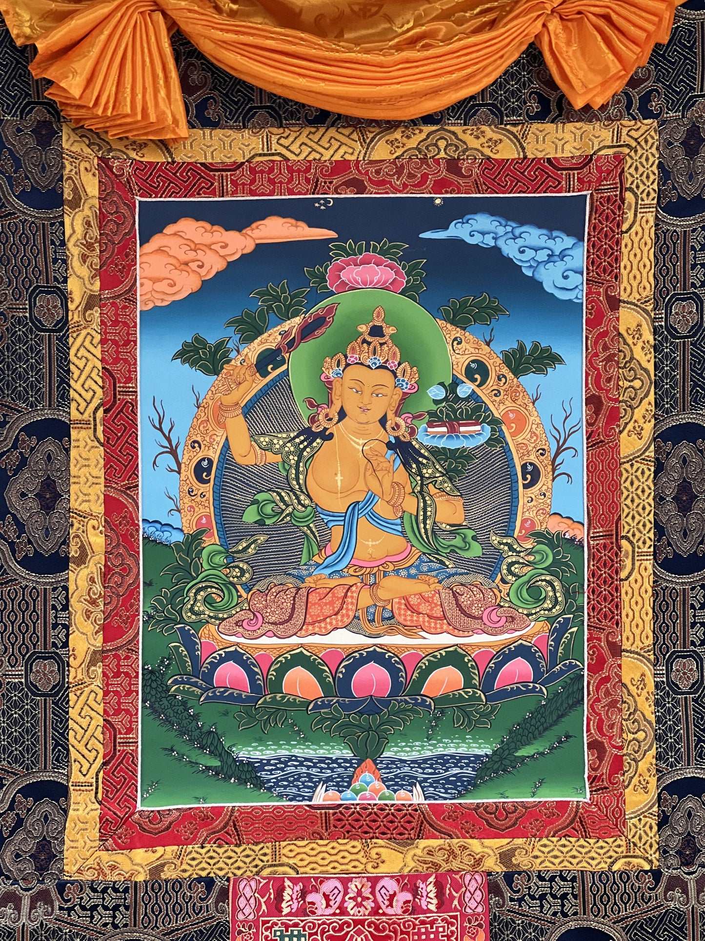 Hand-Painted Manjushri Thangka: God of Wisdom, Silk Brocade Framed