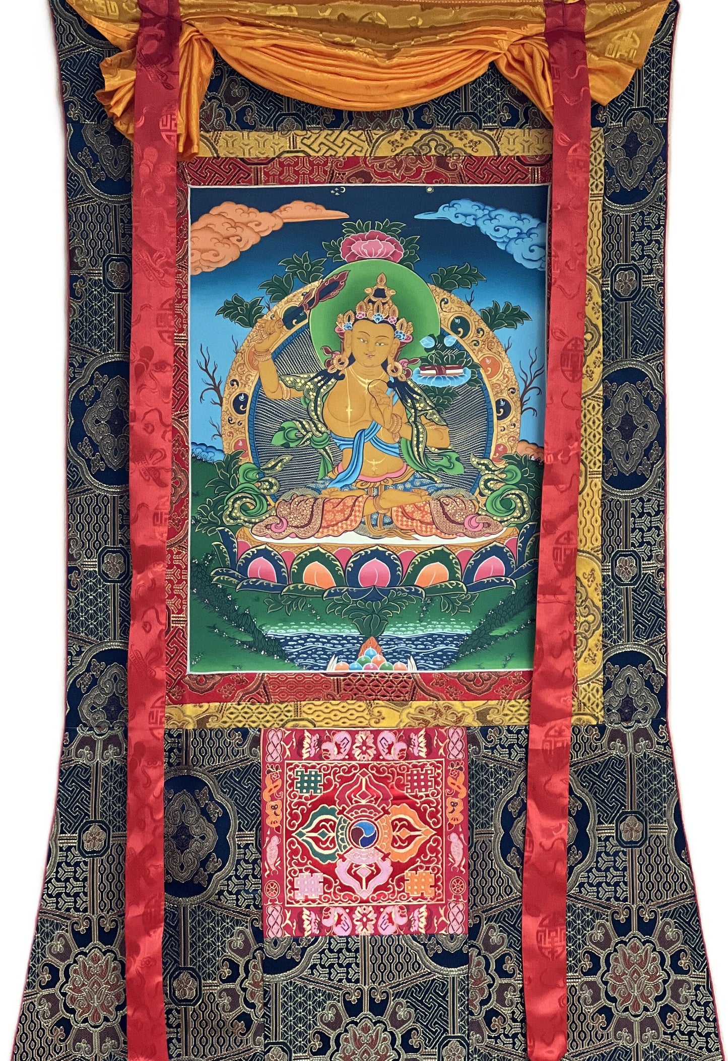 Hand-Painted Manjushri Thangka: God of Wisdom, Silk Brocade Framed