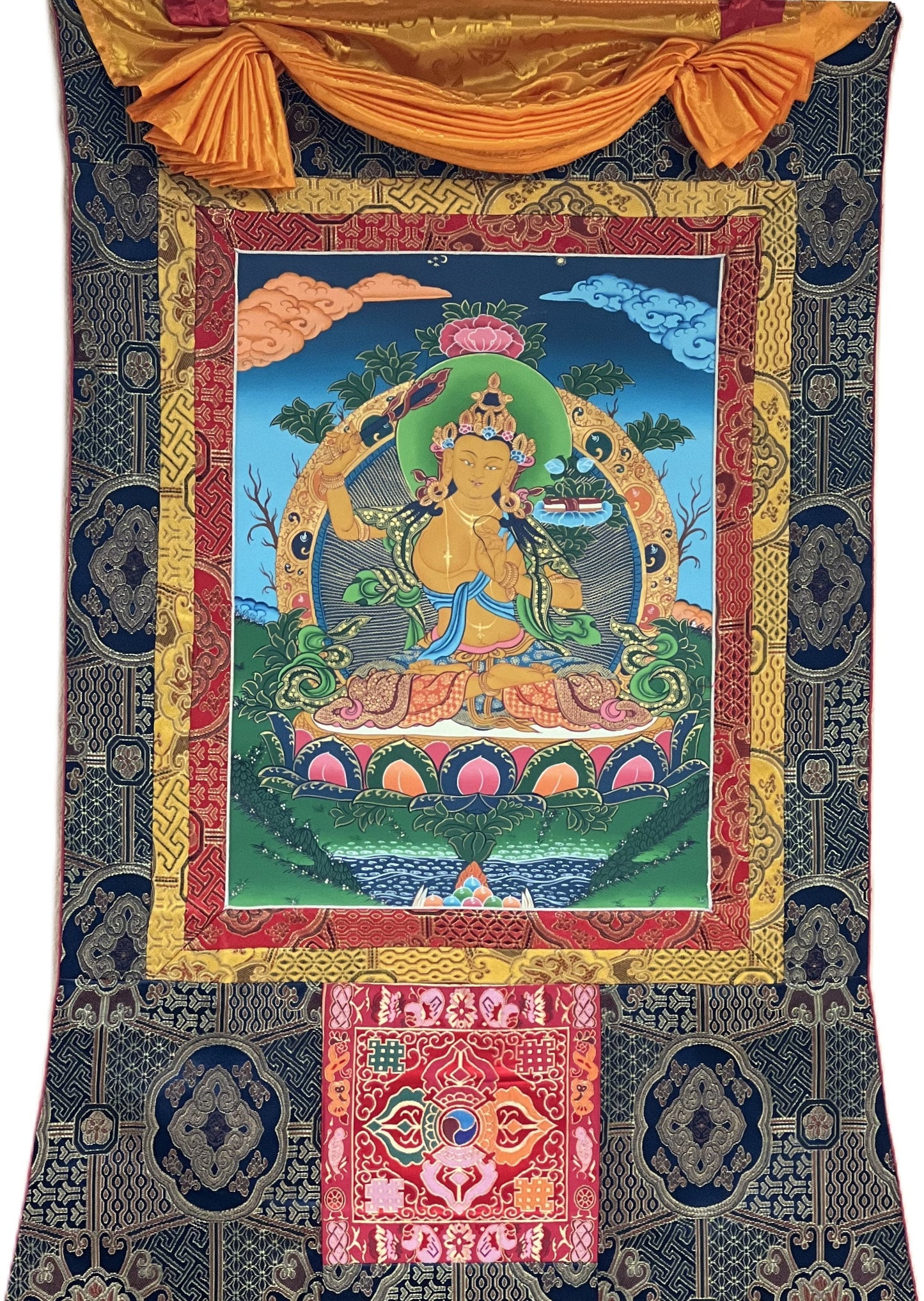 Hand-Painted Manjushri Thangka: God of Wisdom, Silk Brocade Framed