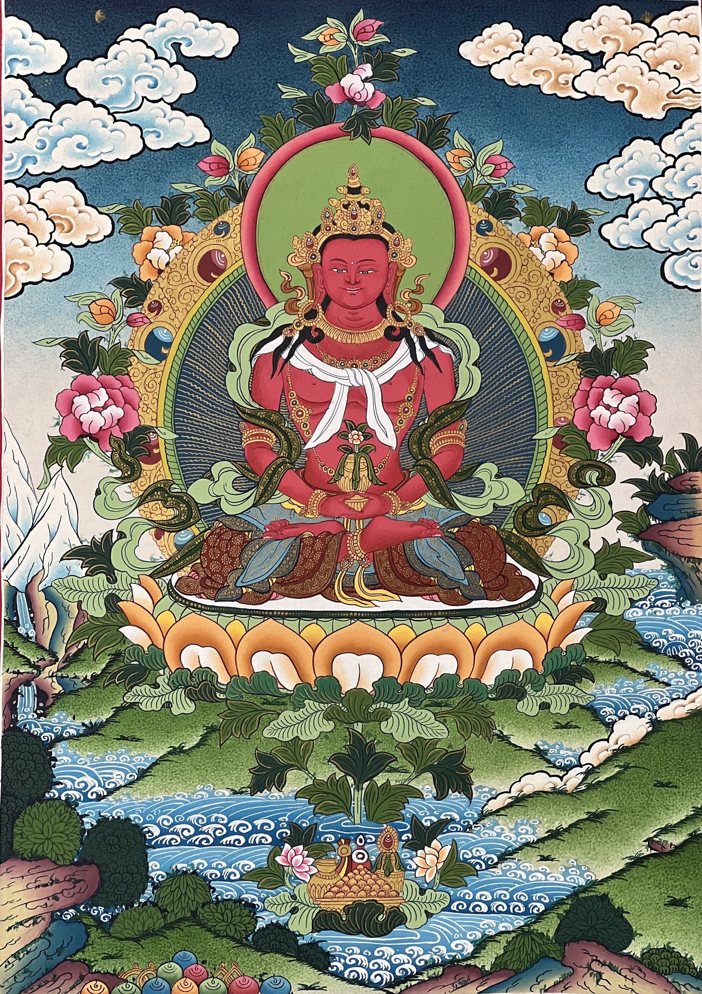 Amitayus Tibetan Thangka • Long Life Buddha • Hand-Painted Masterpiece • Sacred Buddhist Art