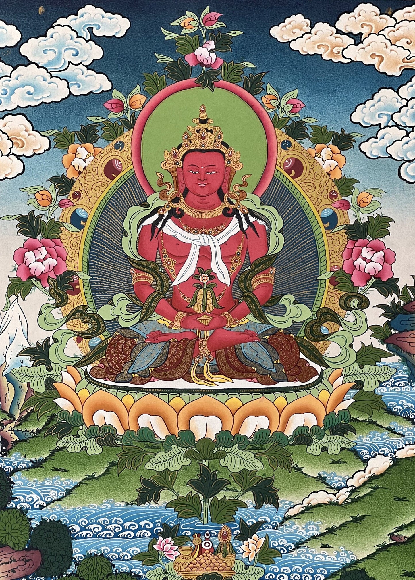 Amitayus Tibetan Thangka • Long Life Buddha • Hand-Painted Masterpiece • Sacred Buddhist Art