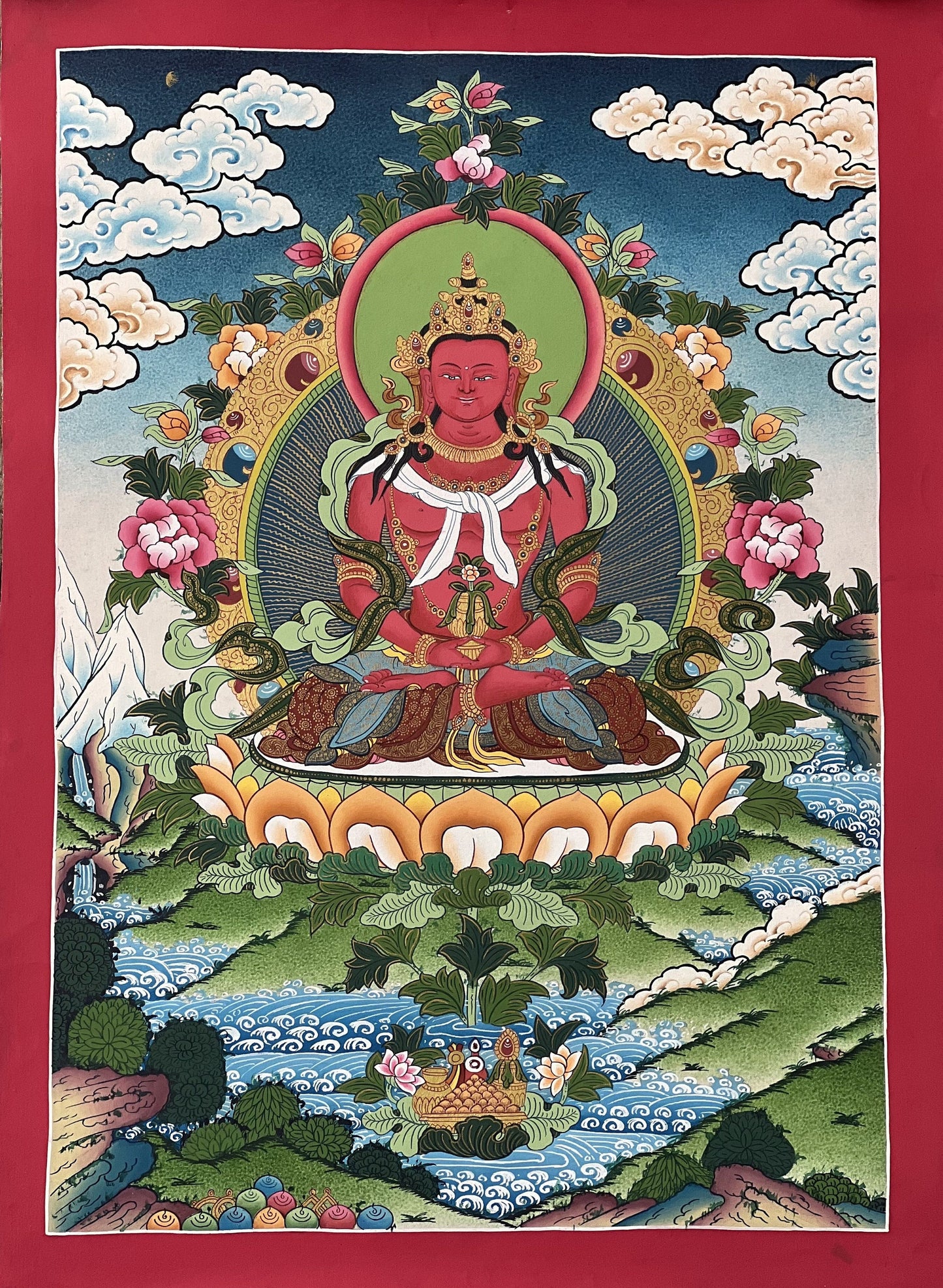 Amitayus Tibetan Thangka • Long Life Buddha • Hand-Painted Masterpiece • Sacred Buddhist Art