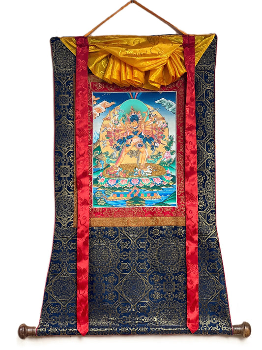 Buddha Kalachakra Tibetan Thangka Painting with Silk Brocade