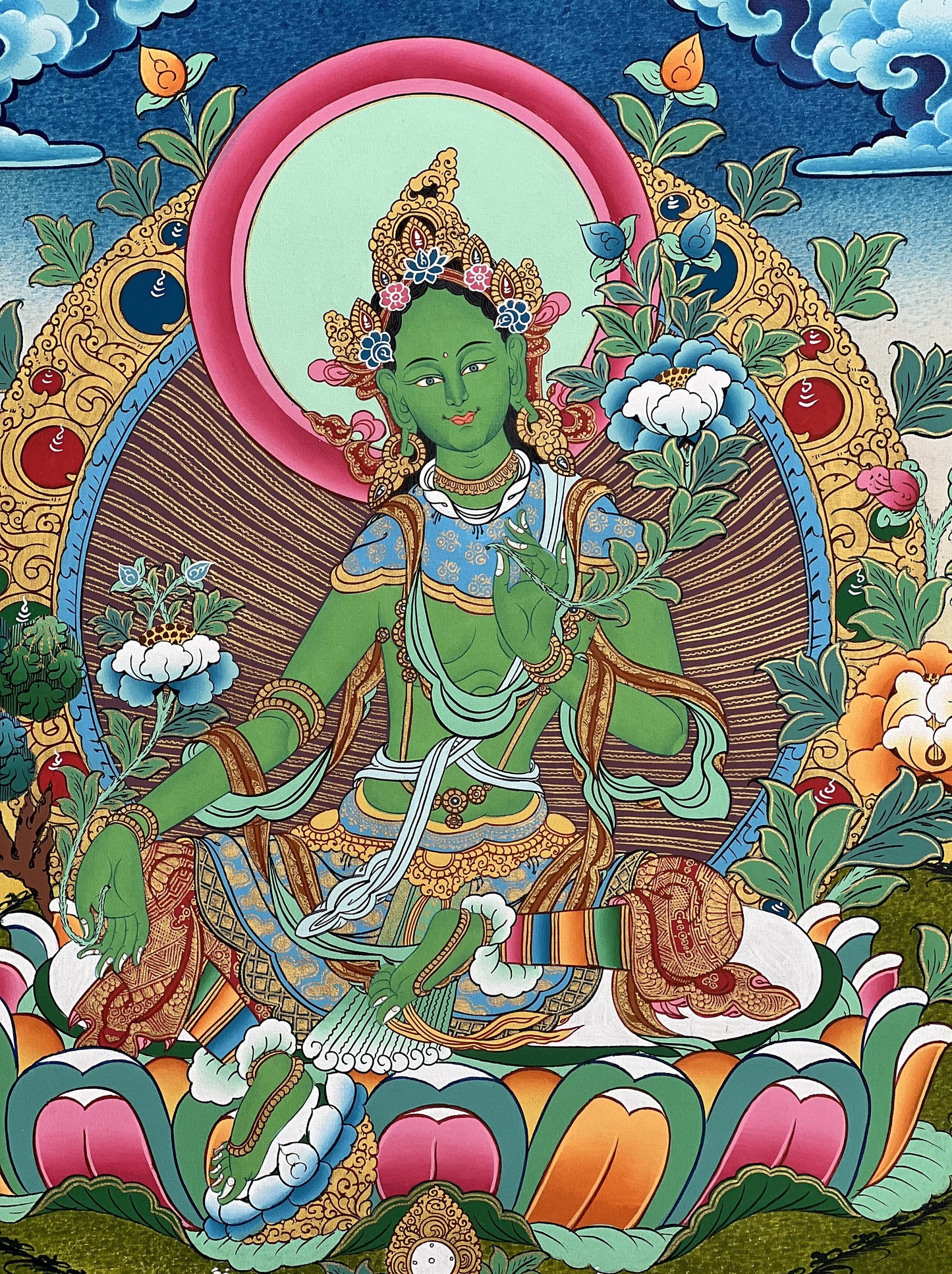 Hand-Painted Green Tara Thangka Painting – Tibetan Buddhist Goddess Art