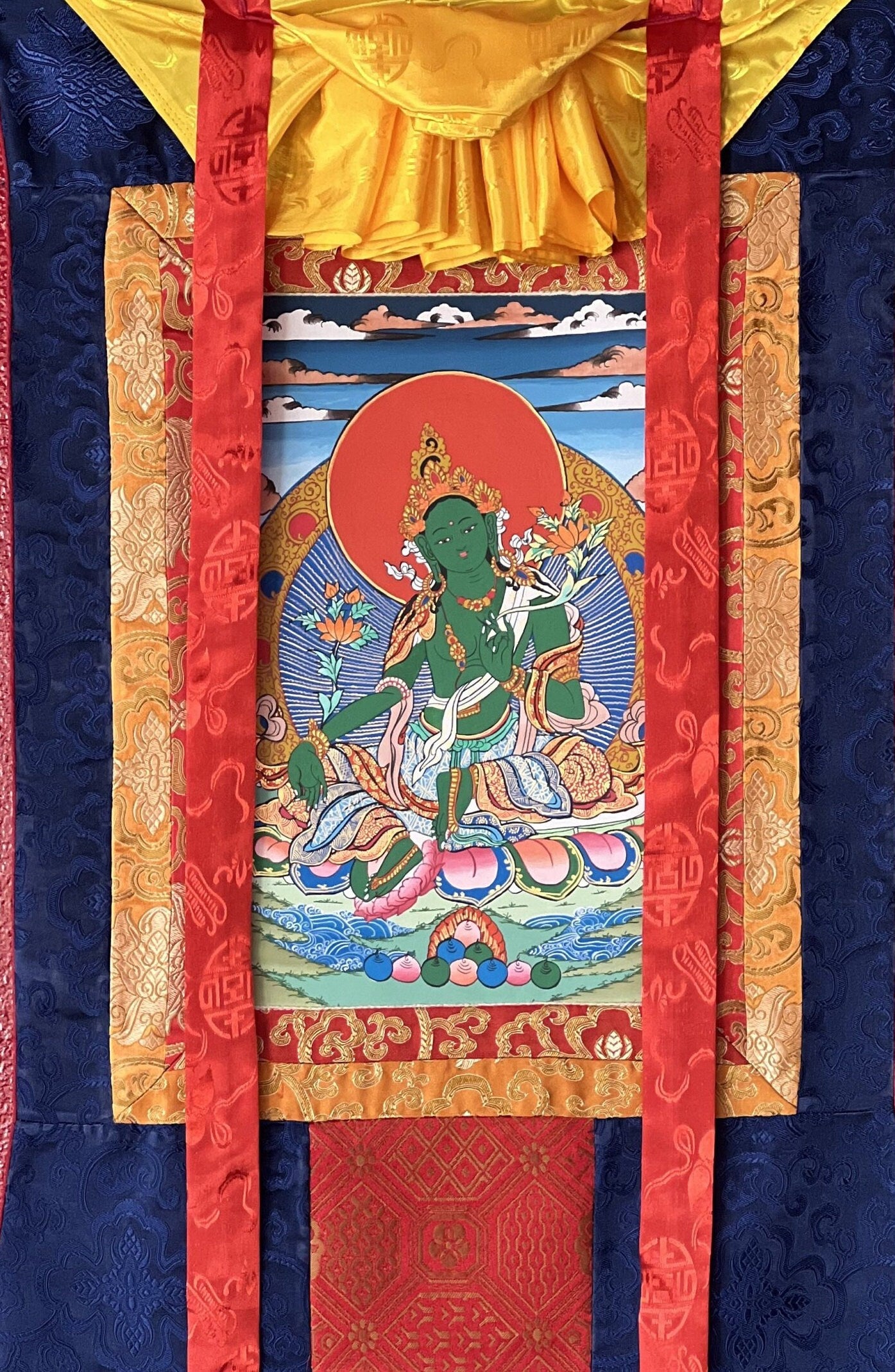 Green Tara Thangka Painting, Hand-Painted Tibetan Art with Silk Brocade