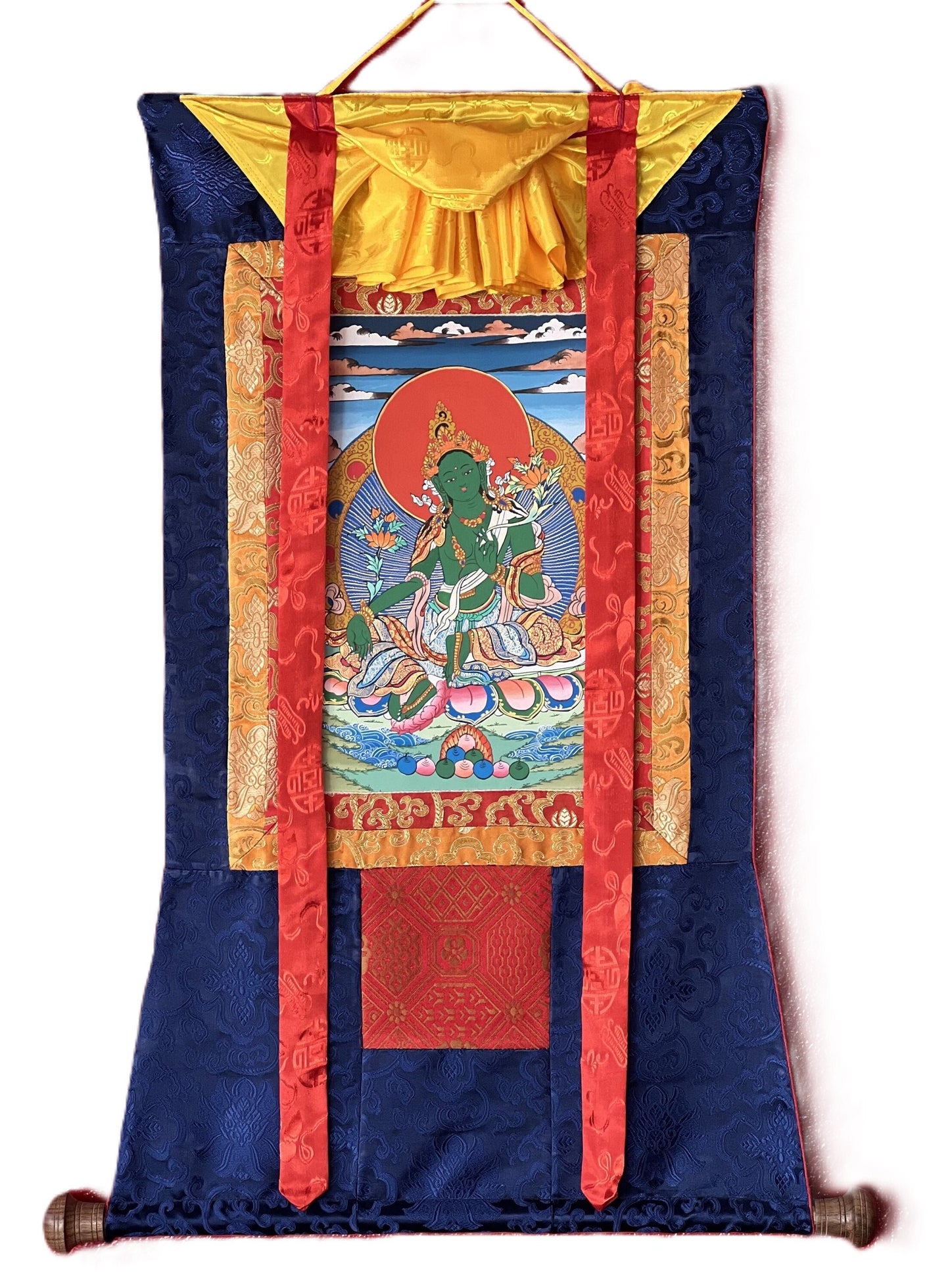 Green Tara Thangka Painting, Hand-Painted Tibetan Art with Silk Brocade