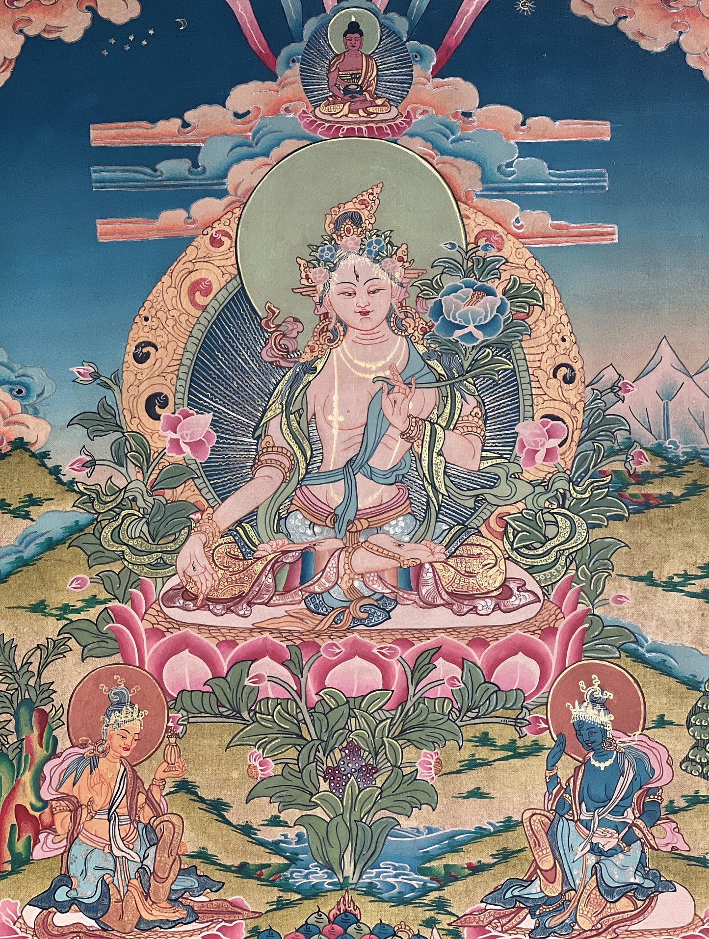 Original Hand-painted White Tara Mother Goddess Semi-Antique Gold Tibetan Thangka Painting/Compassion Meditation Art