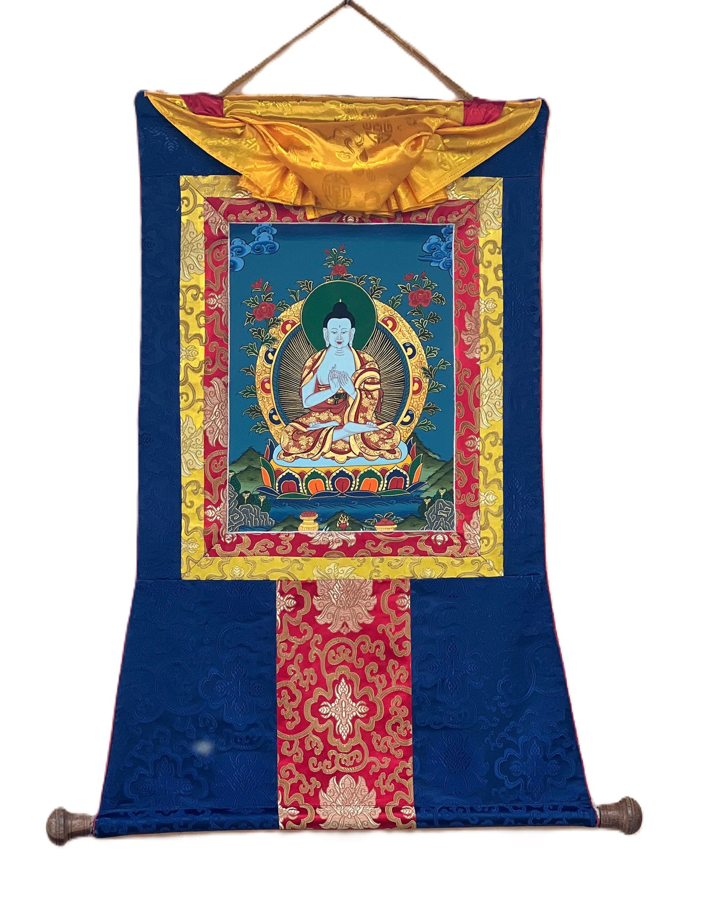 Hand-Painted Mahavairochana Buddha Thangka Painting with Silk Brocade
