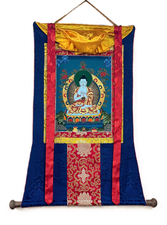 Hand-Painted Mahavairochana Buddha Thangka Painting with Silk Brocade