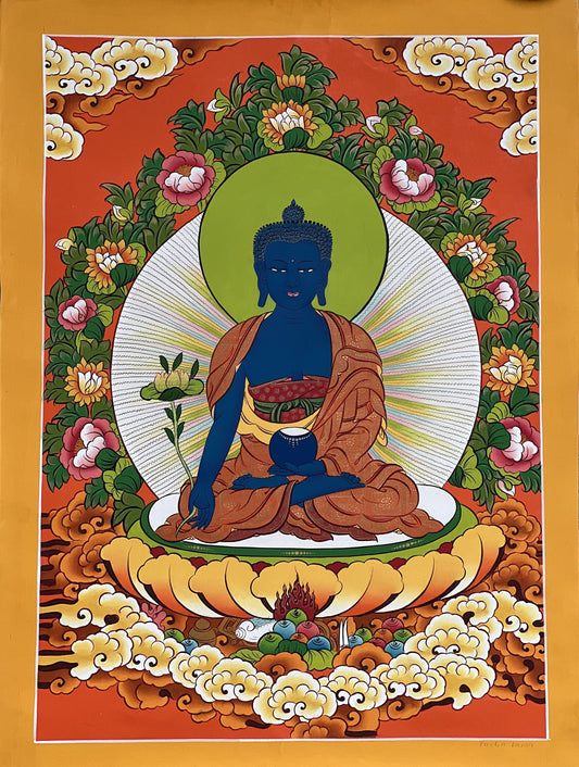 Hand-Painted Medicine Buddha Thangka Painting: Healing Art from Nepal