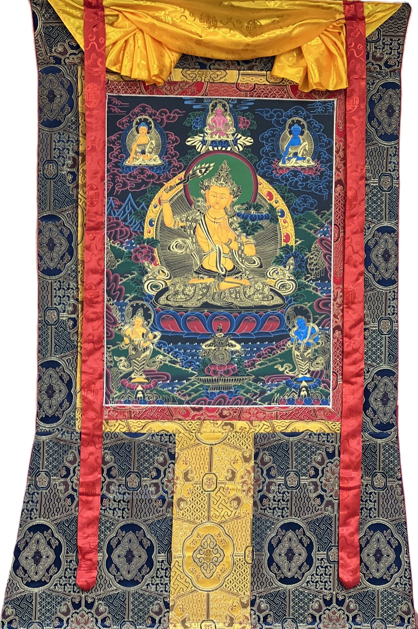Hand-Painted Manjushri Thangka: Tibetan God of Wisdom, Silk Brocade