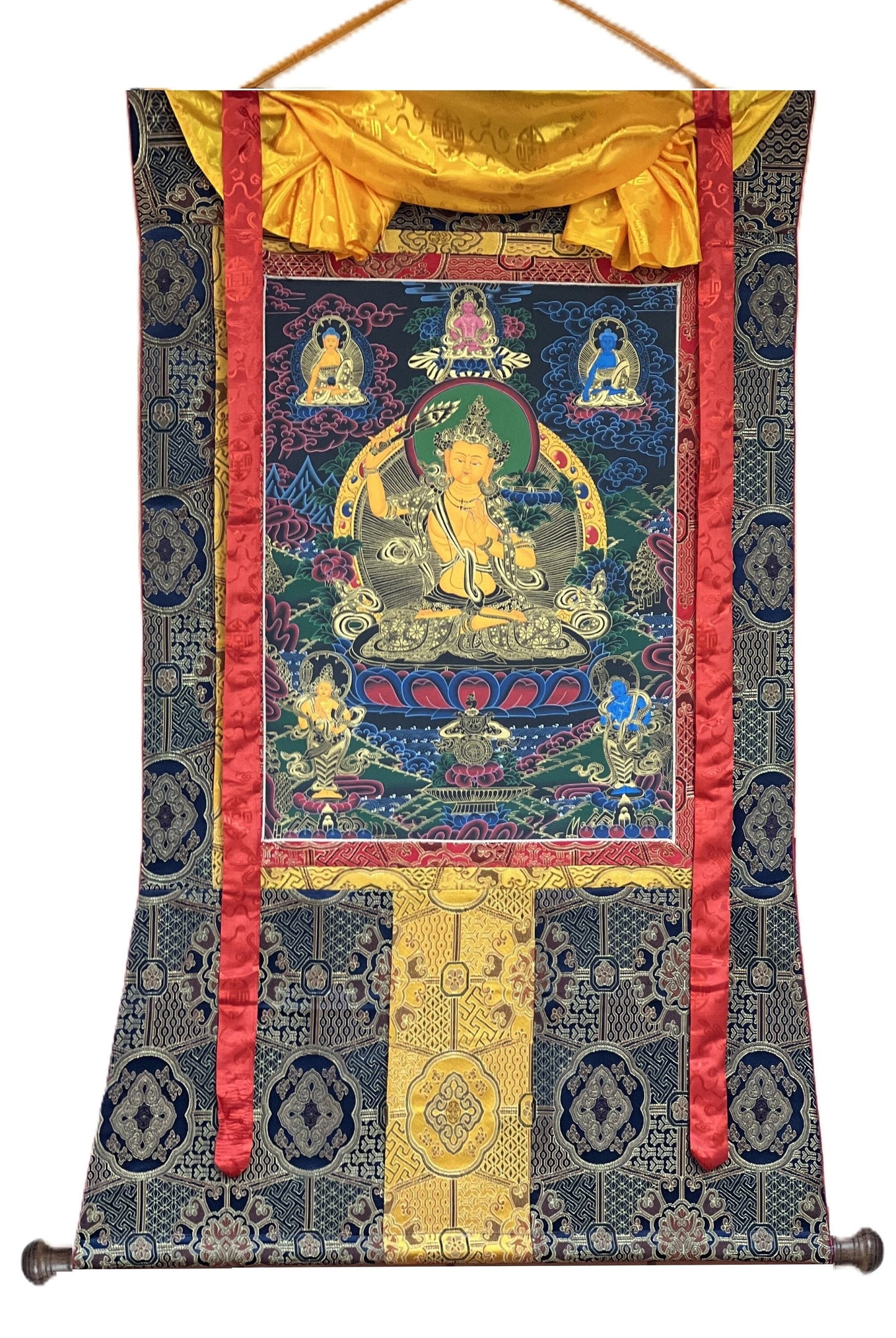 Hand-Painted Manjushri Thangka: Tibetan God of Wisdom, Silk Brocade